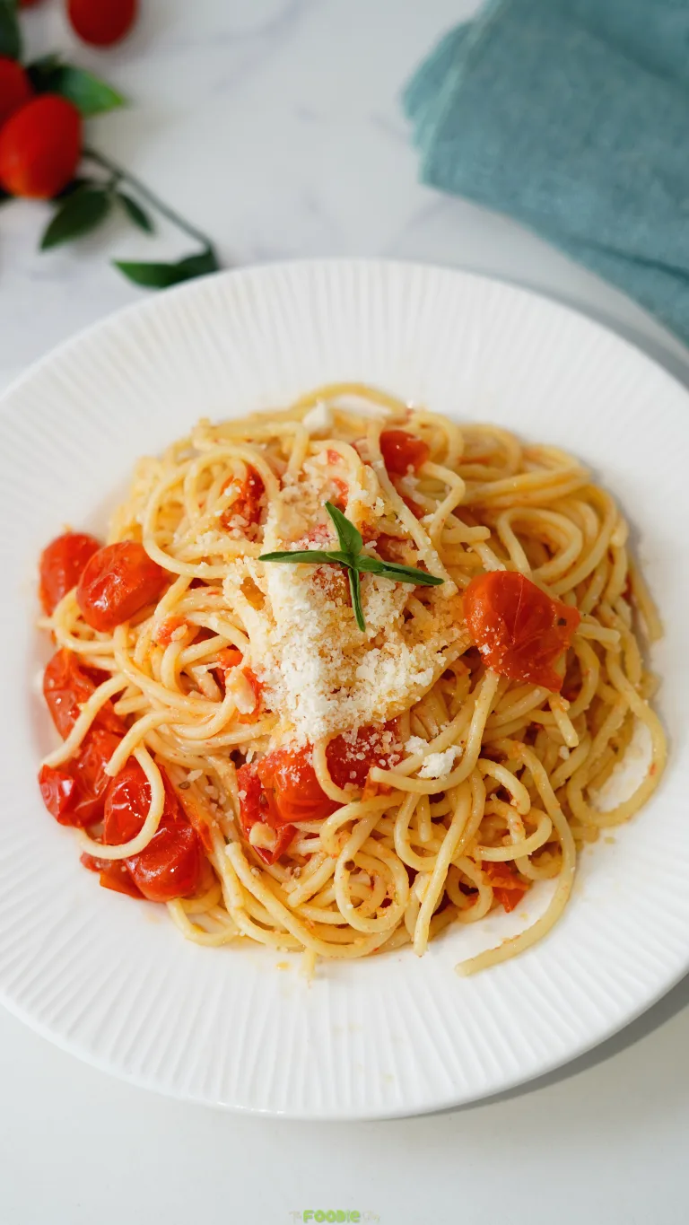 Spaghetti tossed with fresh cherry tomatoes and garlic and topped with grated Parmesan.