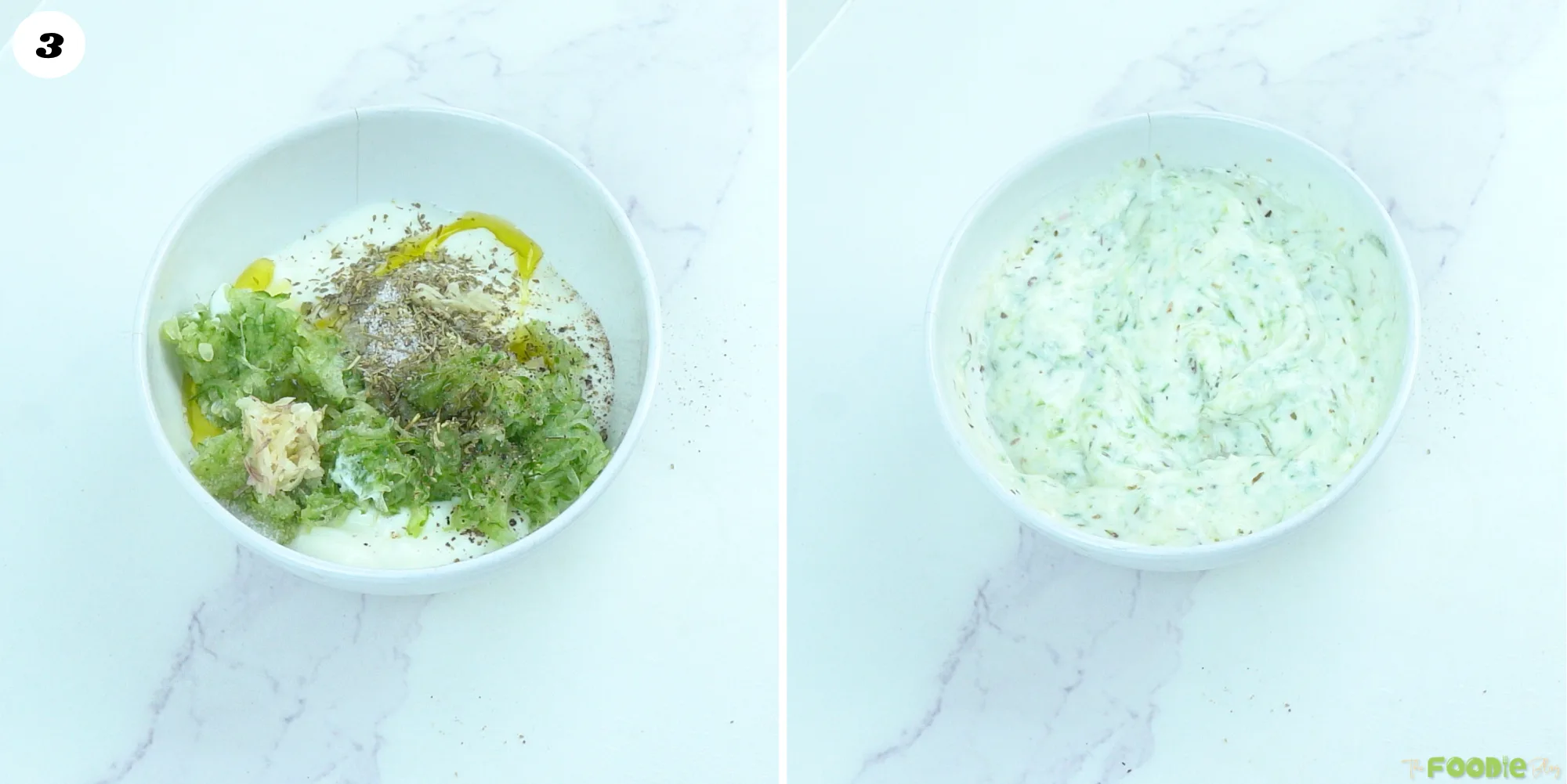 Greek yogurt mixed with grated cucumber, lemon, olive oil, garlic, dill, salt, and pepper for tzatziki.