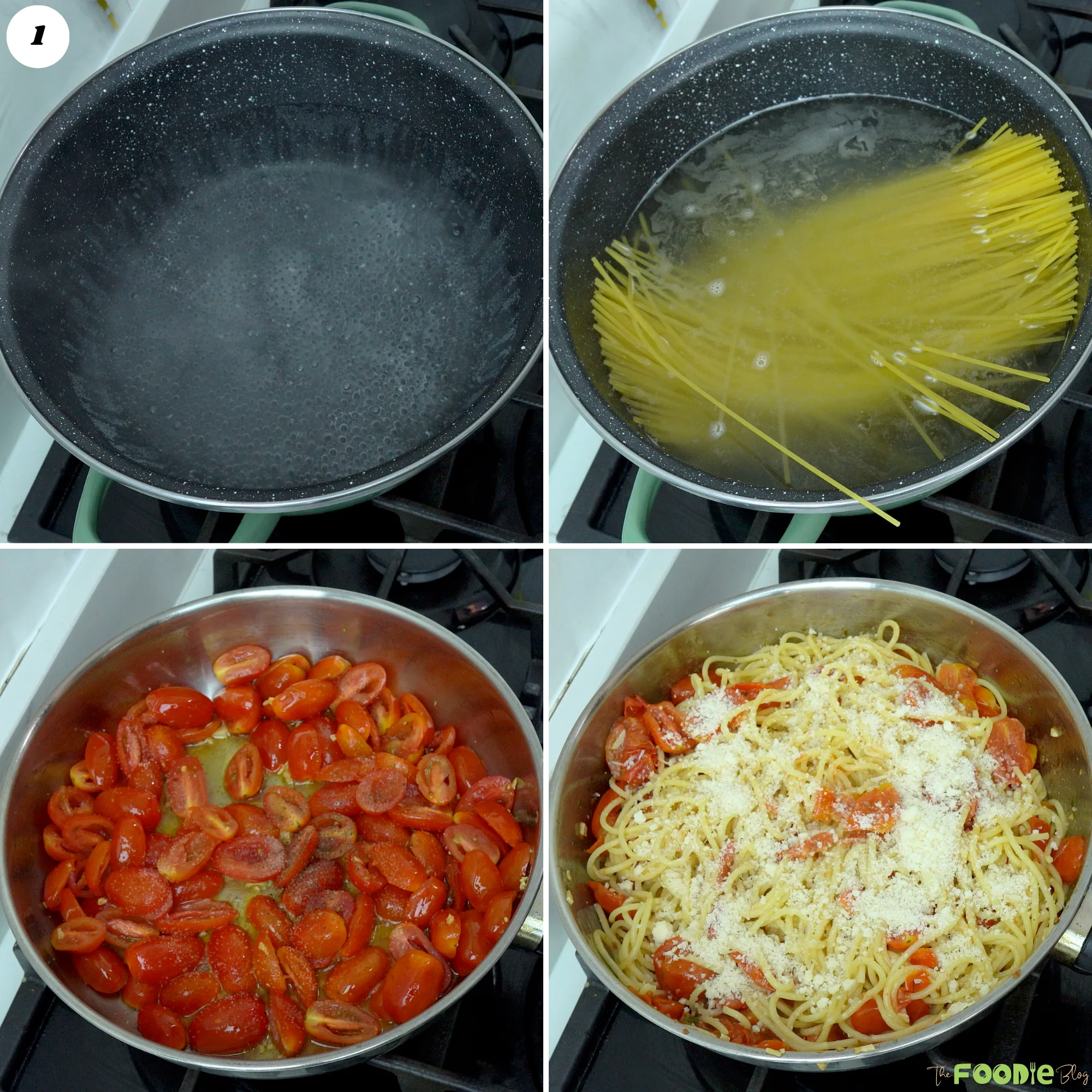 Spaghetti boiling in water, cherry tomatoes cooking in a skillet, and pasta tossed with tomatoes and Parmesan.