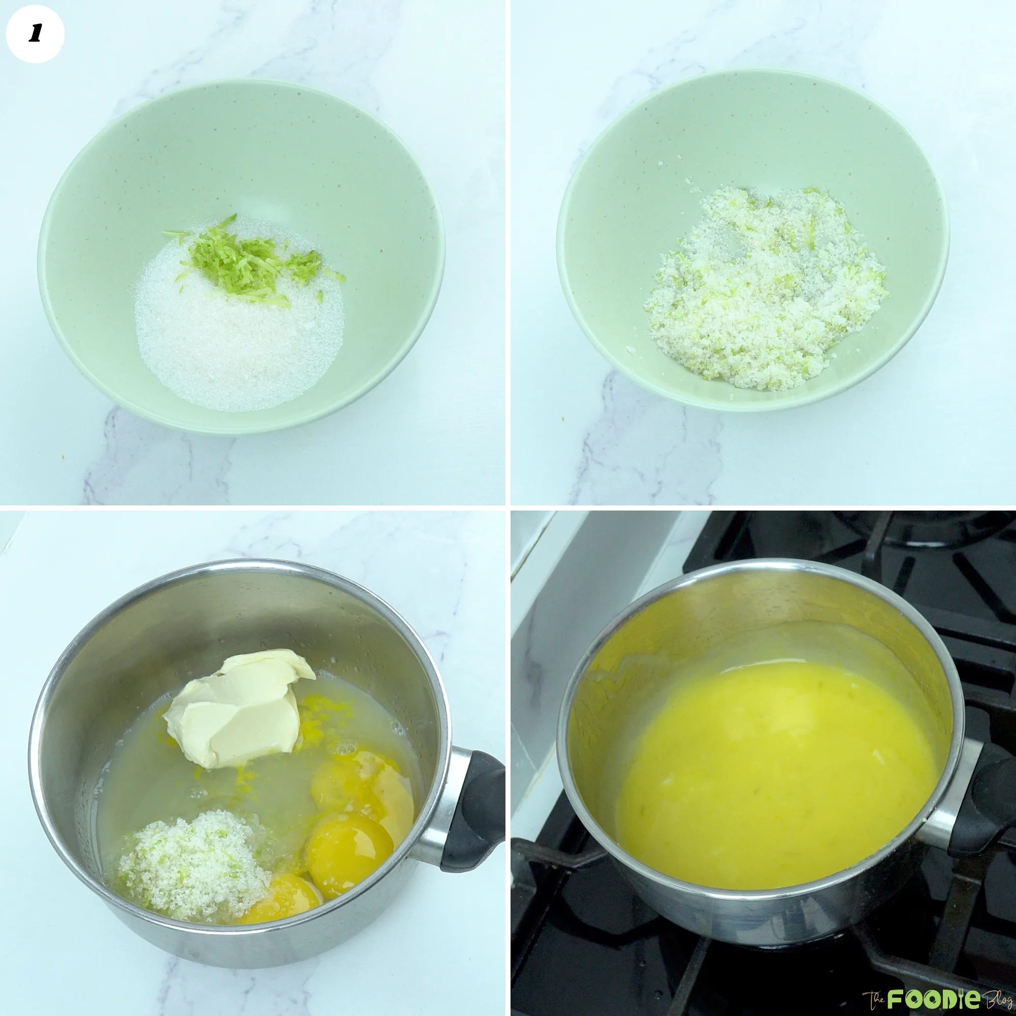 Lime zest rubbed into sugar and combined with lime juice, egg yolks, butter, and salt in a saucepan.