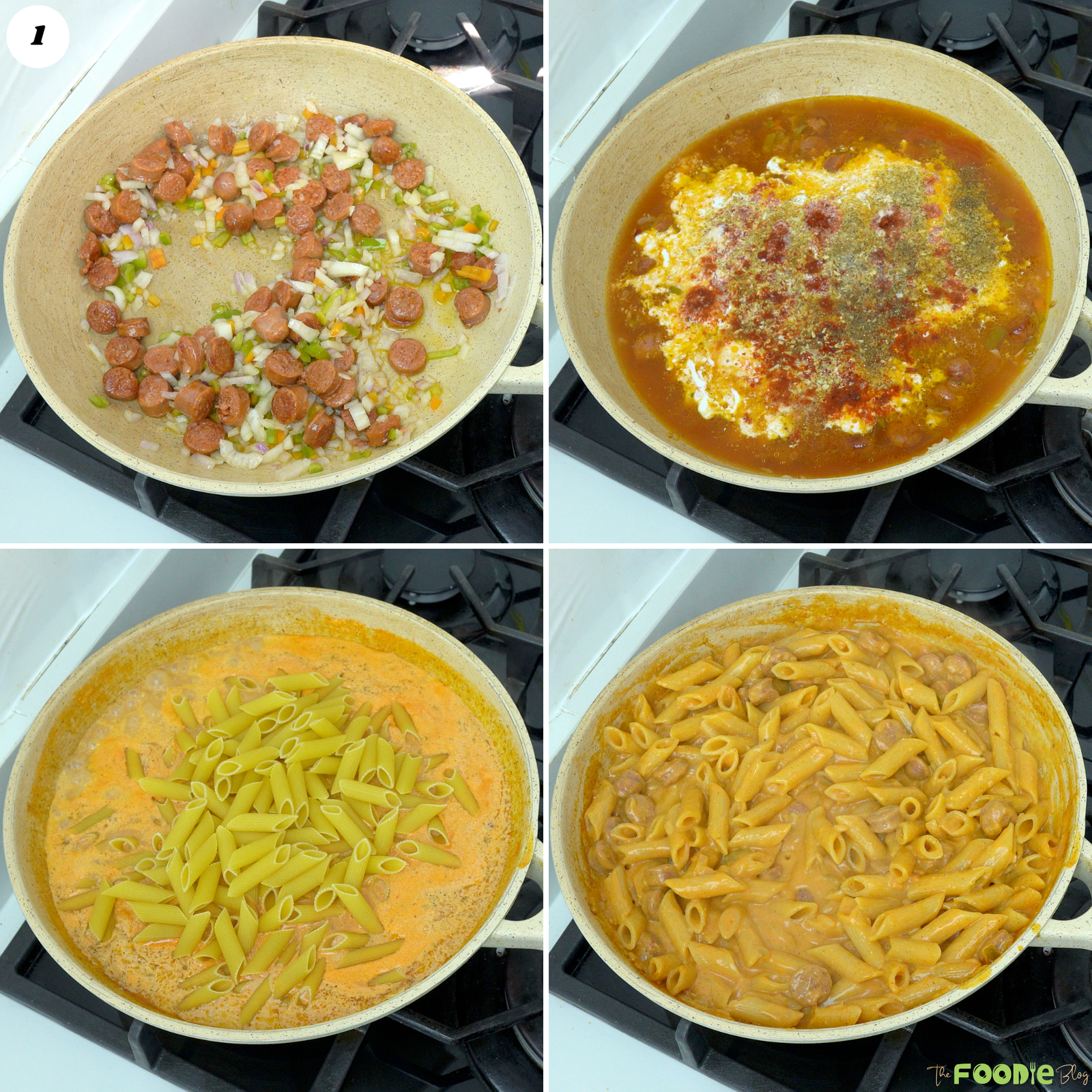 Step-by-step collage showing smoked sausage and vegetables cooking, creamy Cajun sauce added, penne stirred in, and finished one-pot Cajun sausage pasta.