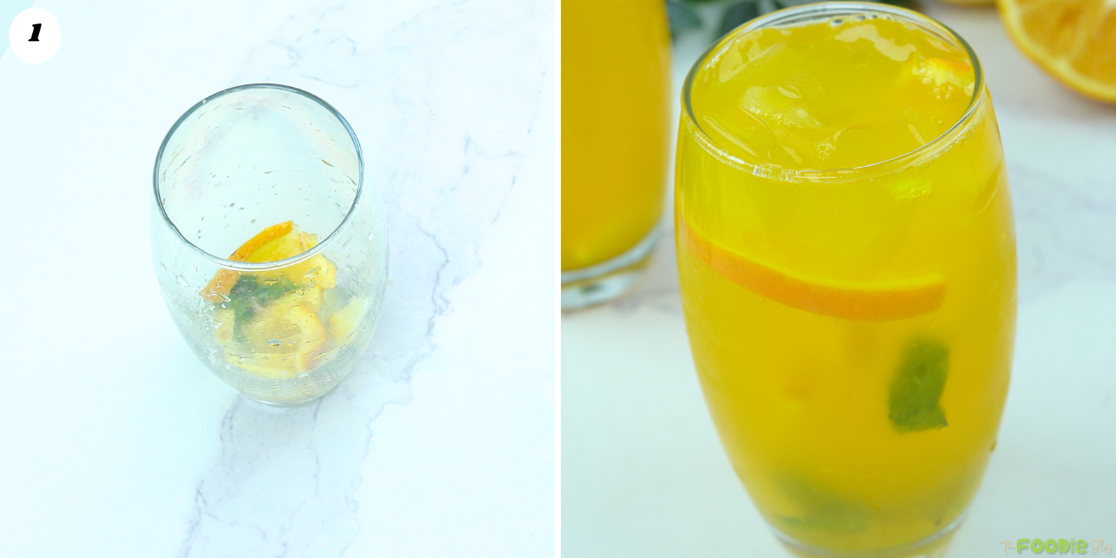 Fresh citrus and mint in a glass before being mixed into a finished orange mojito with ice and orange juice.