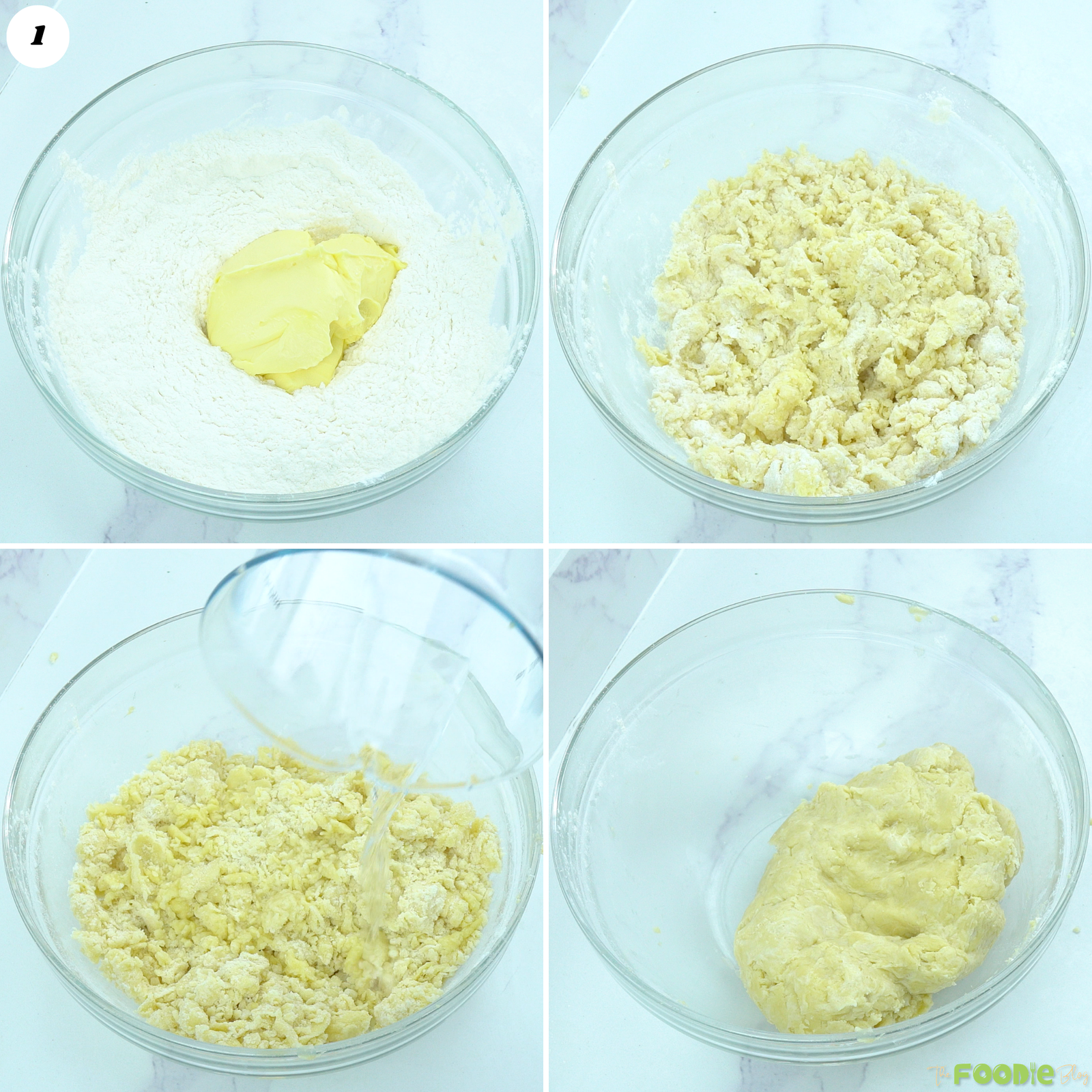 Cold butter mixed into flour before ice water is added to form homemade pie dough.