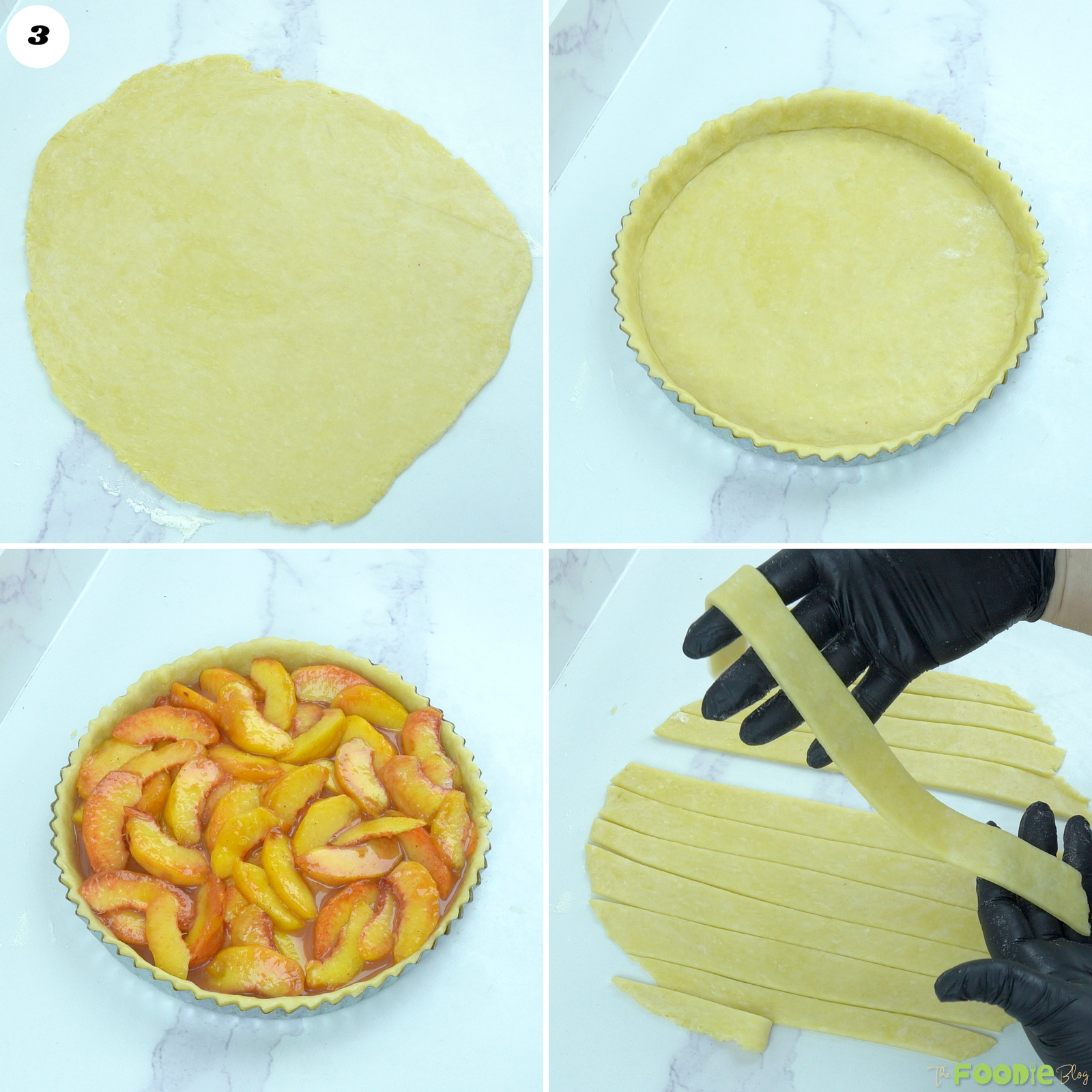 Pie dough rolled into a crust, filled with fresh peaches, and cut into strips for a lattice top.