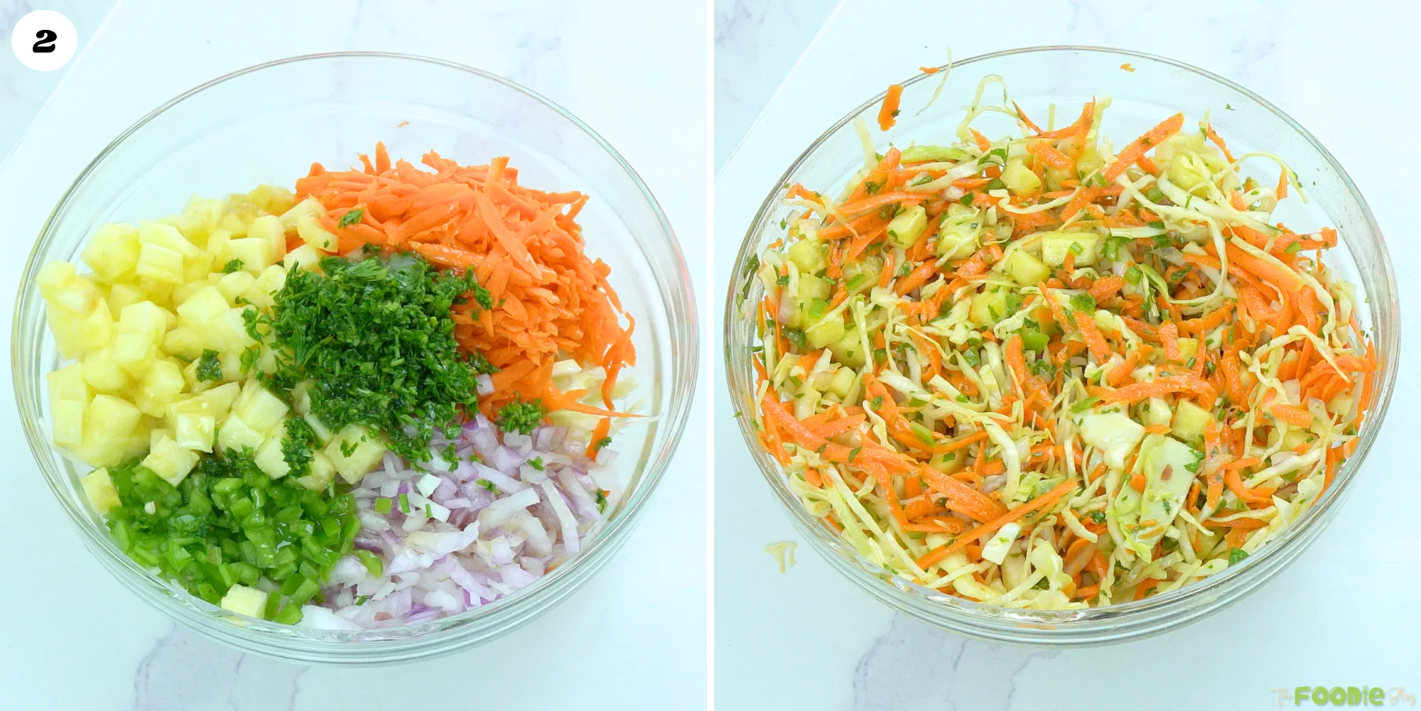 Shredded cabbage, carrot, diced pineapple, red onion, jalapeños, and cilantro combined and tossed in a large bowl.