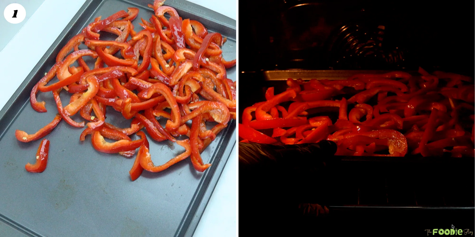 Sliced red bell peppers spread on a sheet pan before and during roasting in the oven.