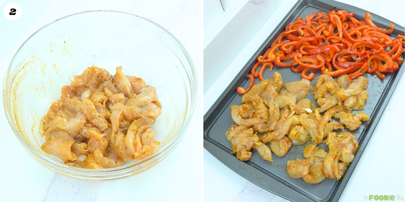 Chicken breast strips coated with lemon, garlic, cumin, smoked paprika, and curry powder before roasting with peppers.