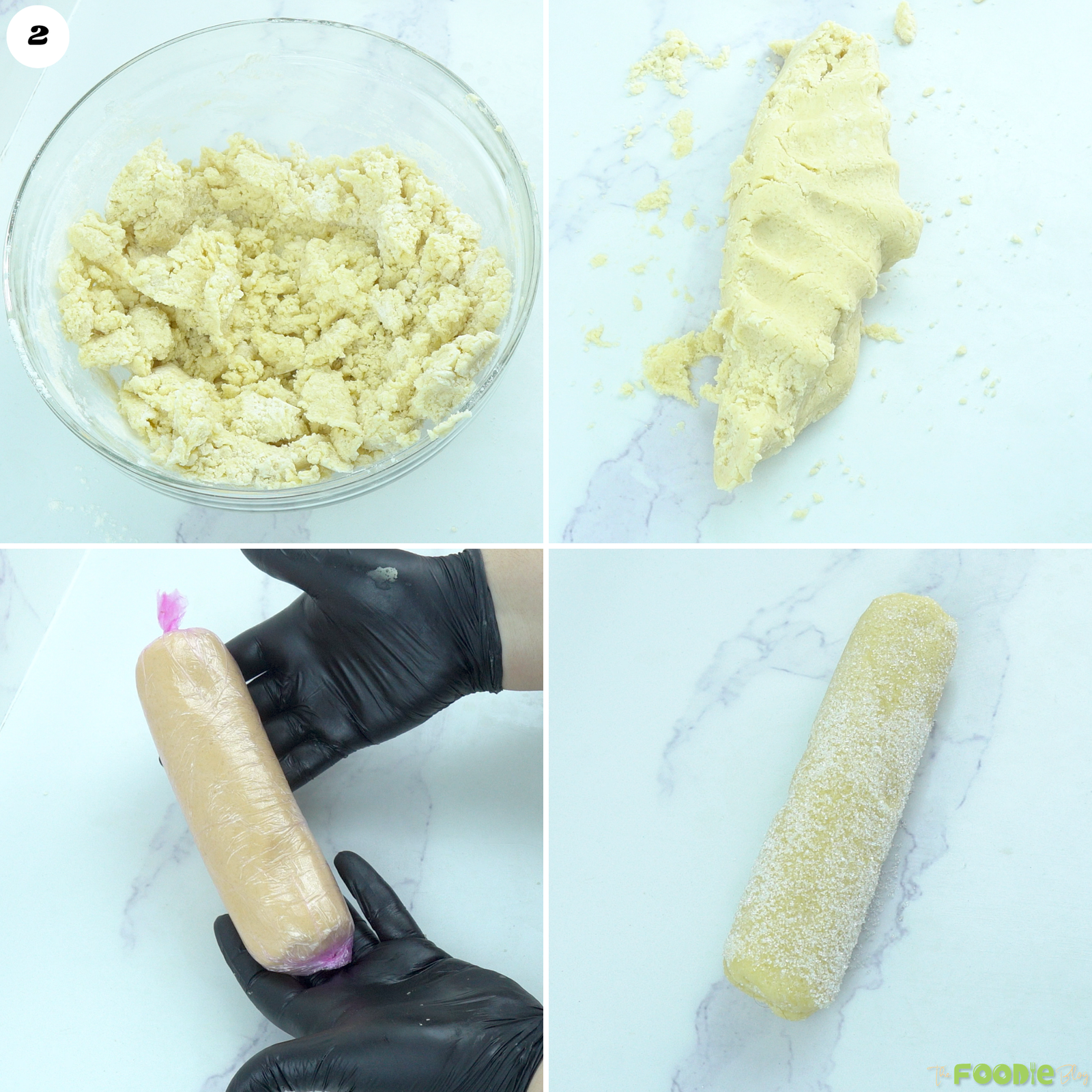 French sable cookie dough shaped into a log, wrapped, chilled, and rolled in crystal sugar.