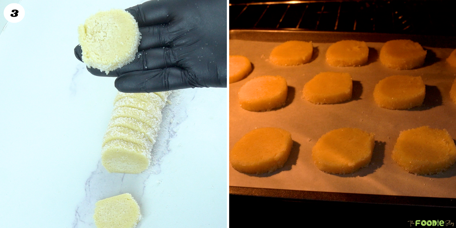 Sugar-coated sable cookie dough sliced into rounds and baked on a parchment-lined sheet.