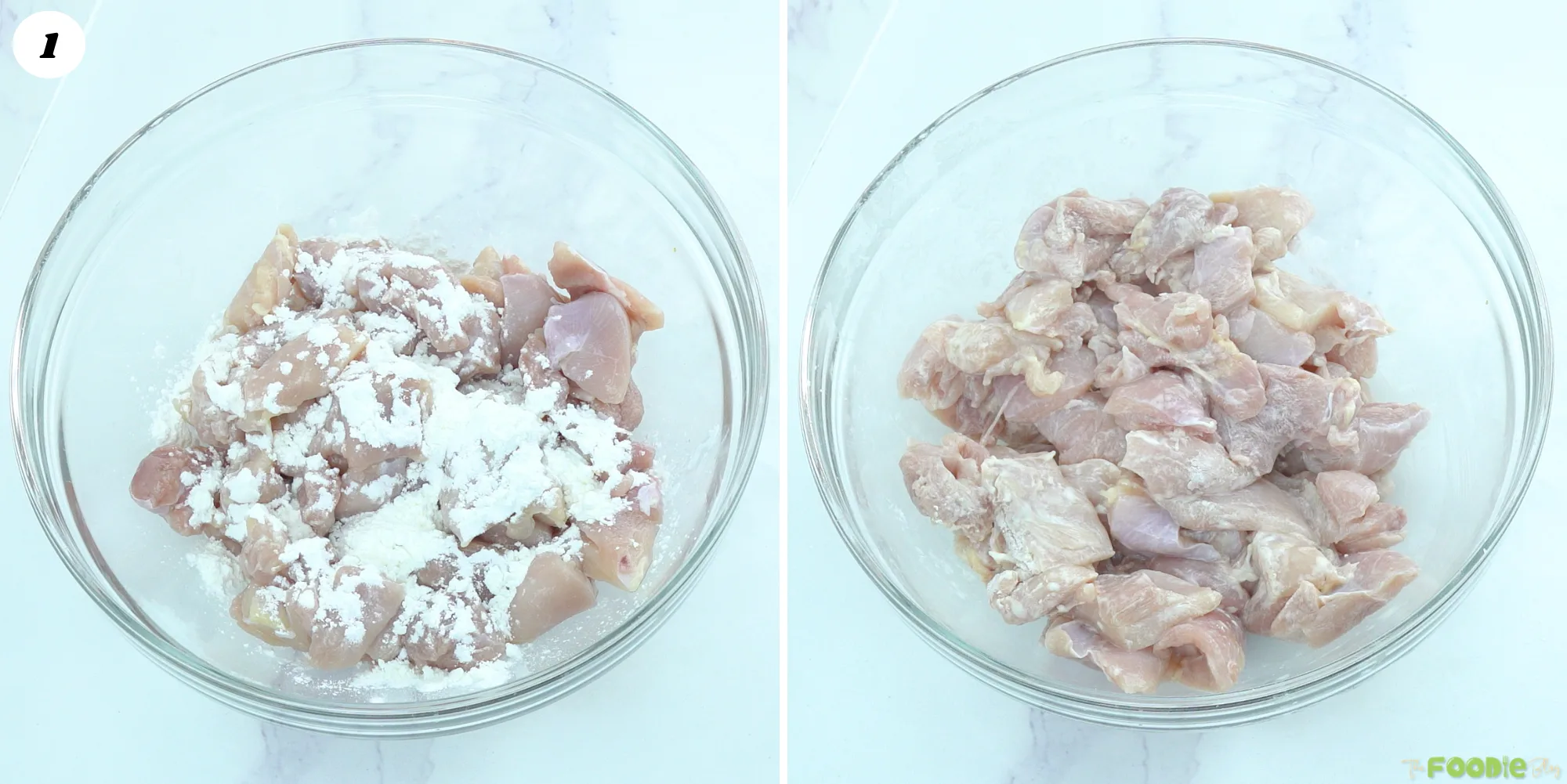 Bite-sized chicken thigh pieces being coated evenly with cornstarch before cooking.