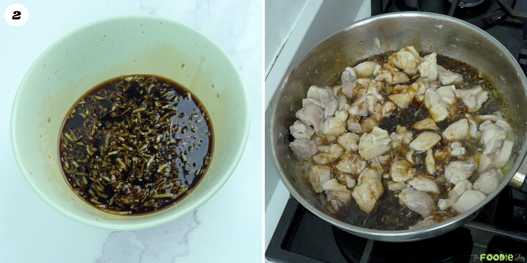 Honey soy garlic ginger sauce prepared in a bowl before being added to chicken cooking in a skillet.