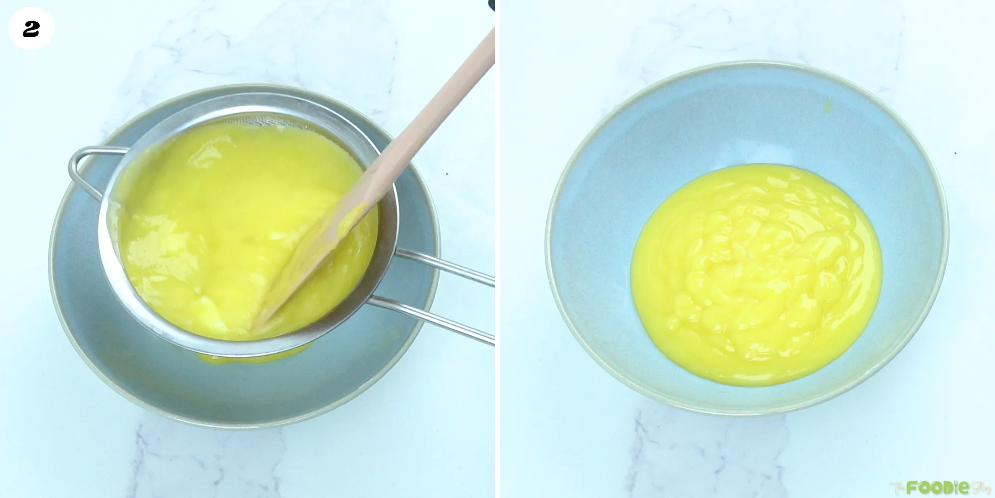 Cooked lime curd being pushed through a fine-mesh sieve into a clean bowl.