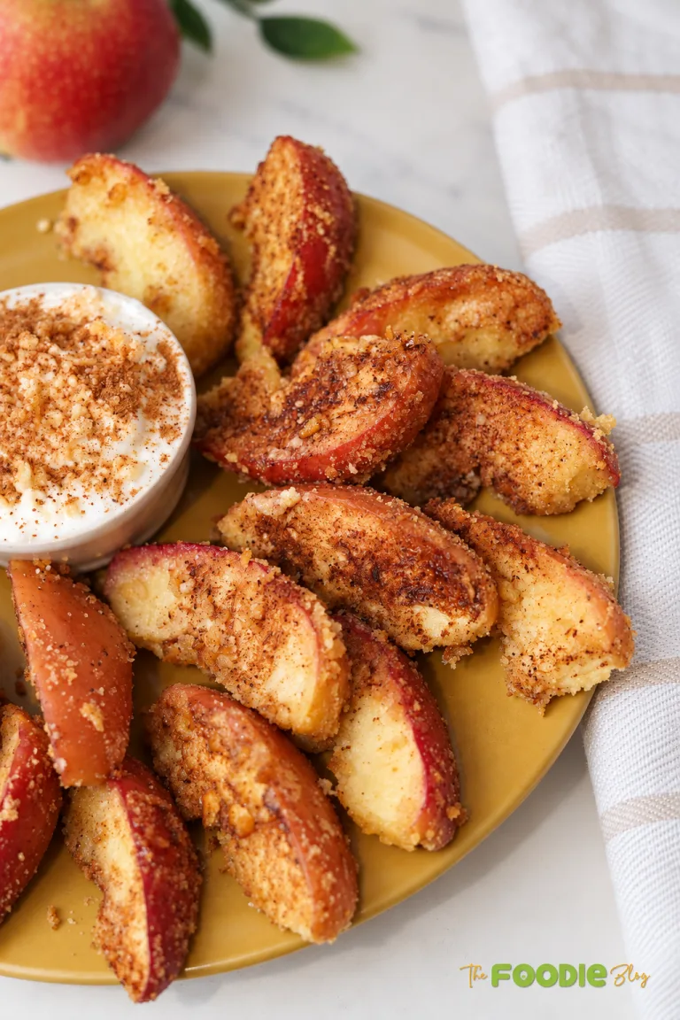 Crispy air fryer apple fries coated with cinnamon sugar and graham cracker crumbs served with creamy dip.