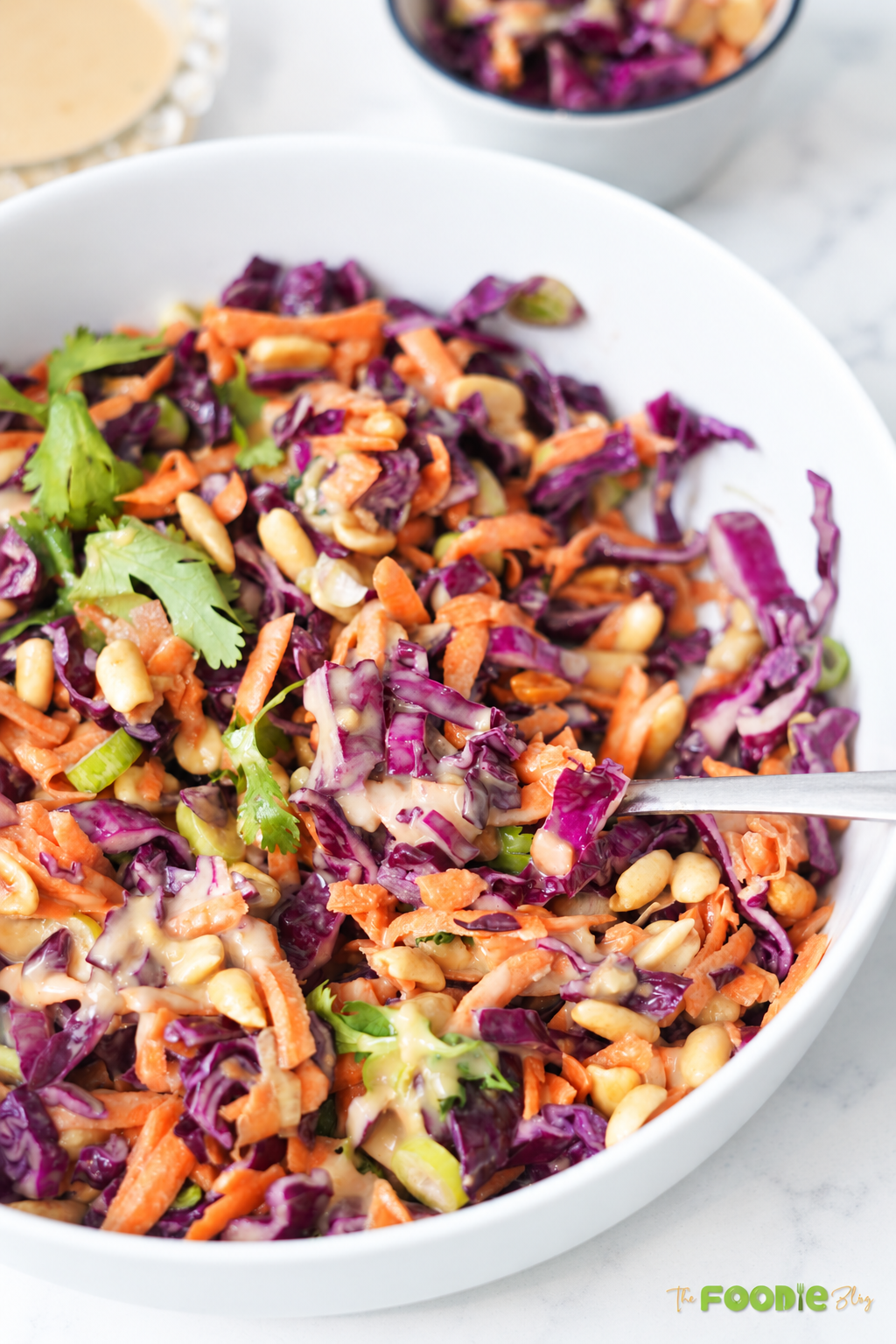 Asian slaw with purple cabbage, carrots, peanuts, cilantro, and creamy sesame dressing.