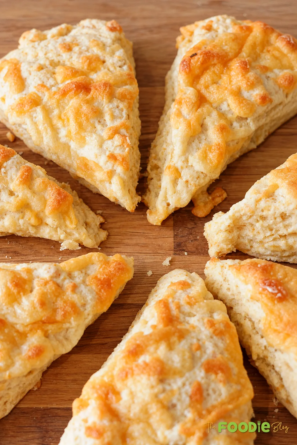 Freshly baked cheddar scones with golden melted cheese on top.