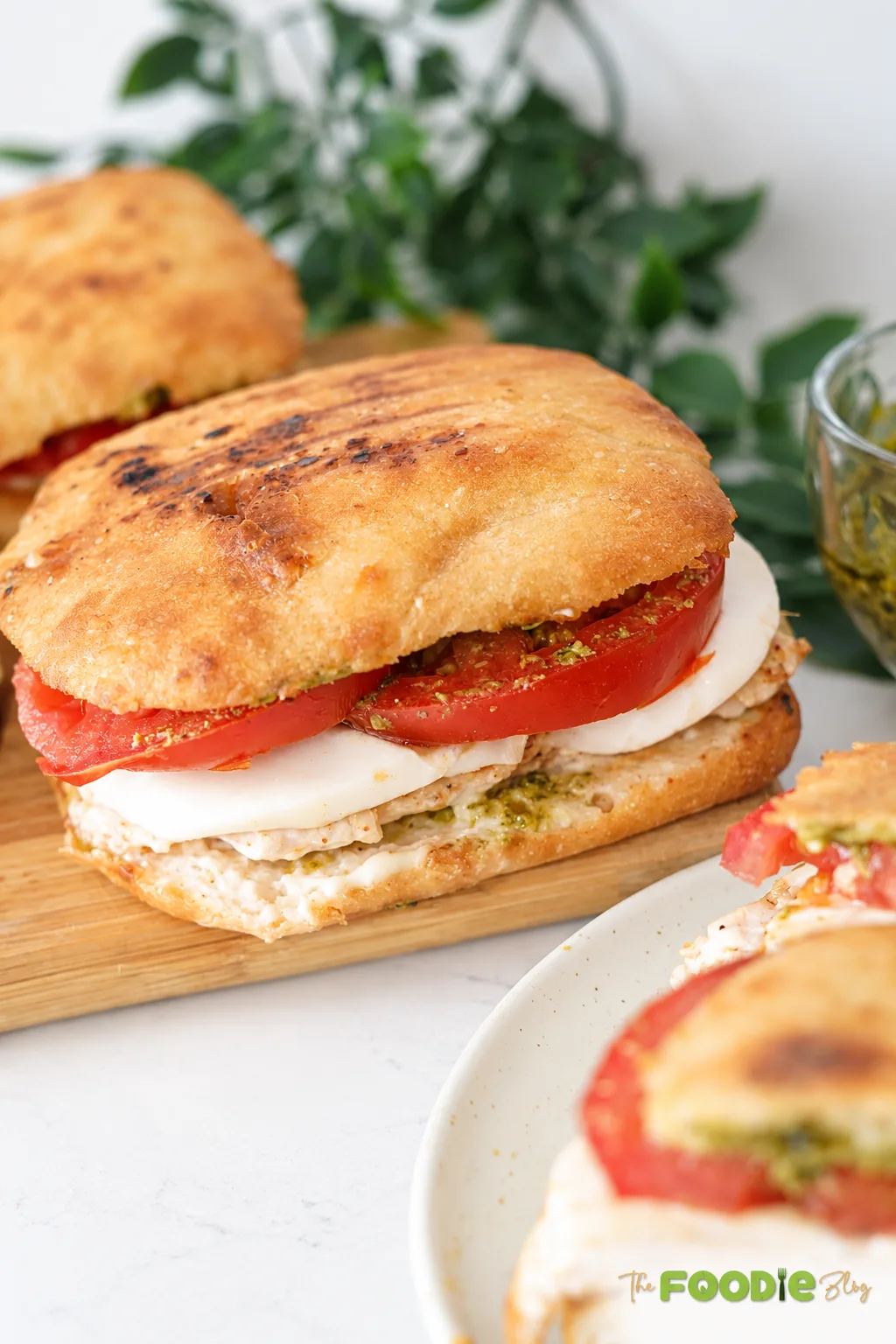 Chicken pesto sandwich with mozzarella, tomato, and toasted ciabatta