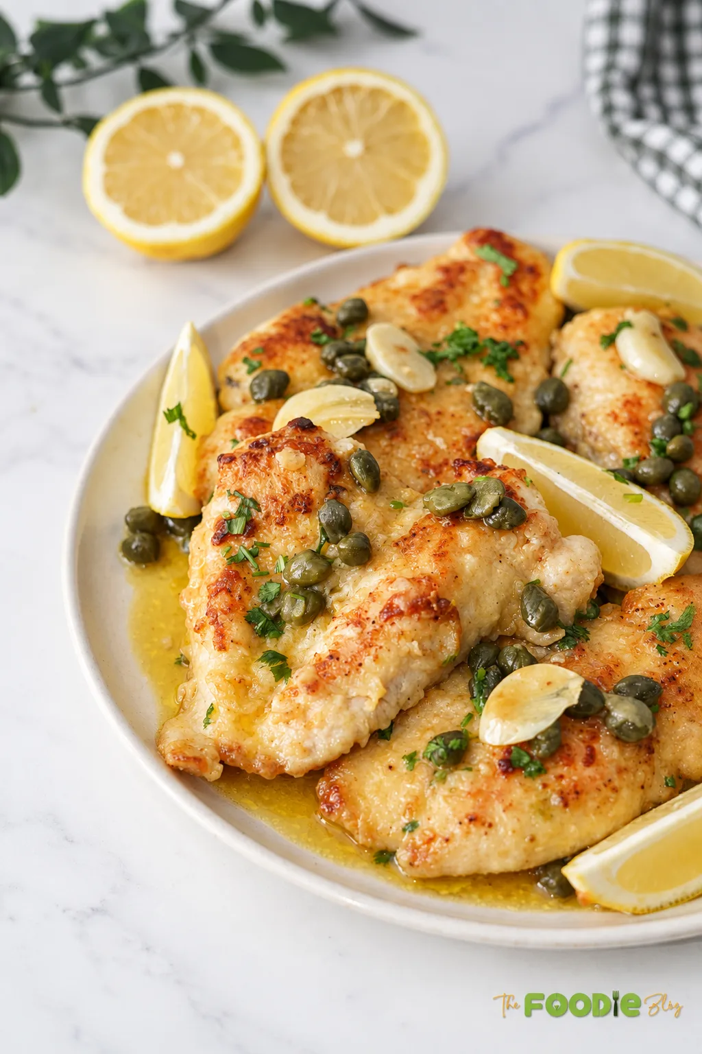 Easy chicken piccata with lemon butter sauce, capers, garlic, and parsley