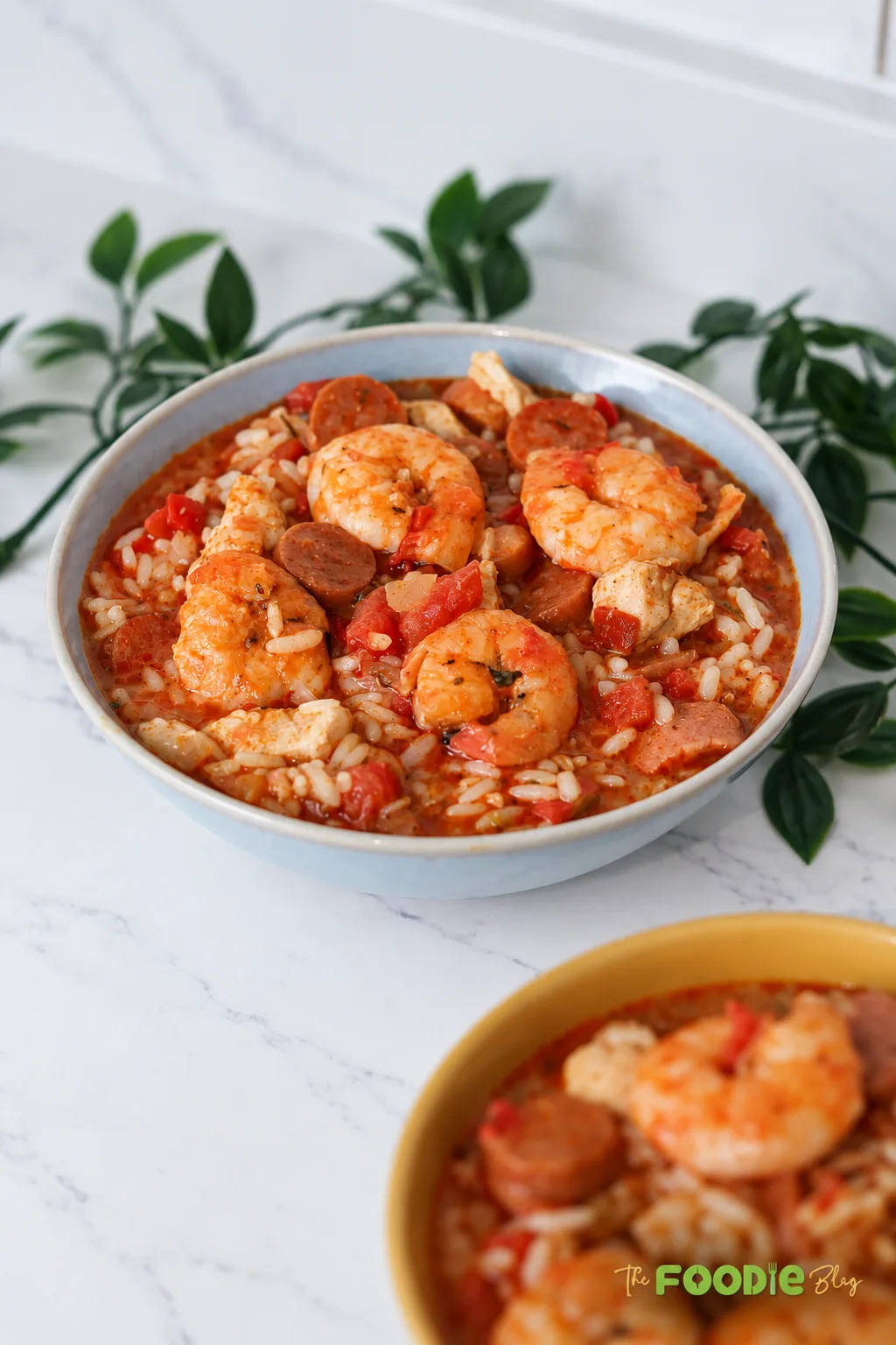 Chicken and shrimp jambalaya with sausage, rice, tomatoes, and Cajun seasoning served in a bowl.