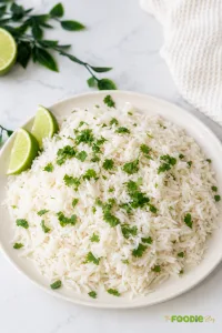 Coconut lime rice served on a plate with fresh cilantro and lime wedges.