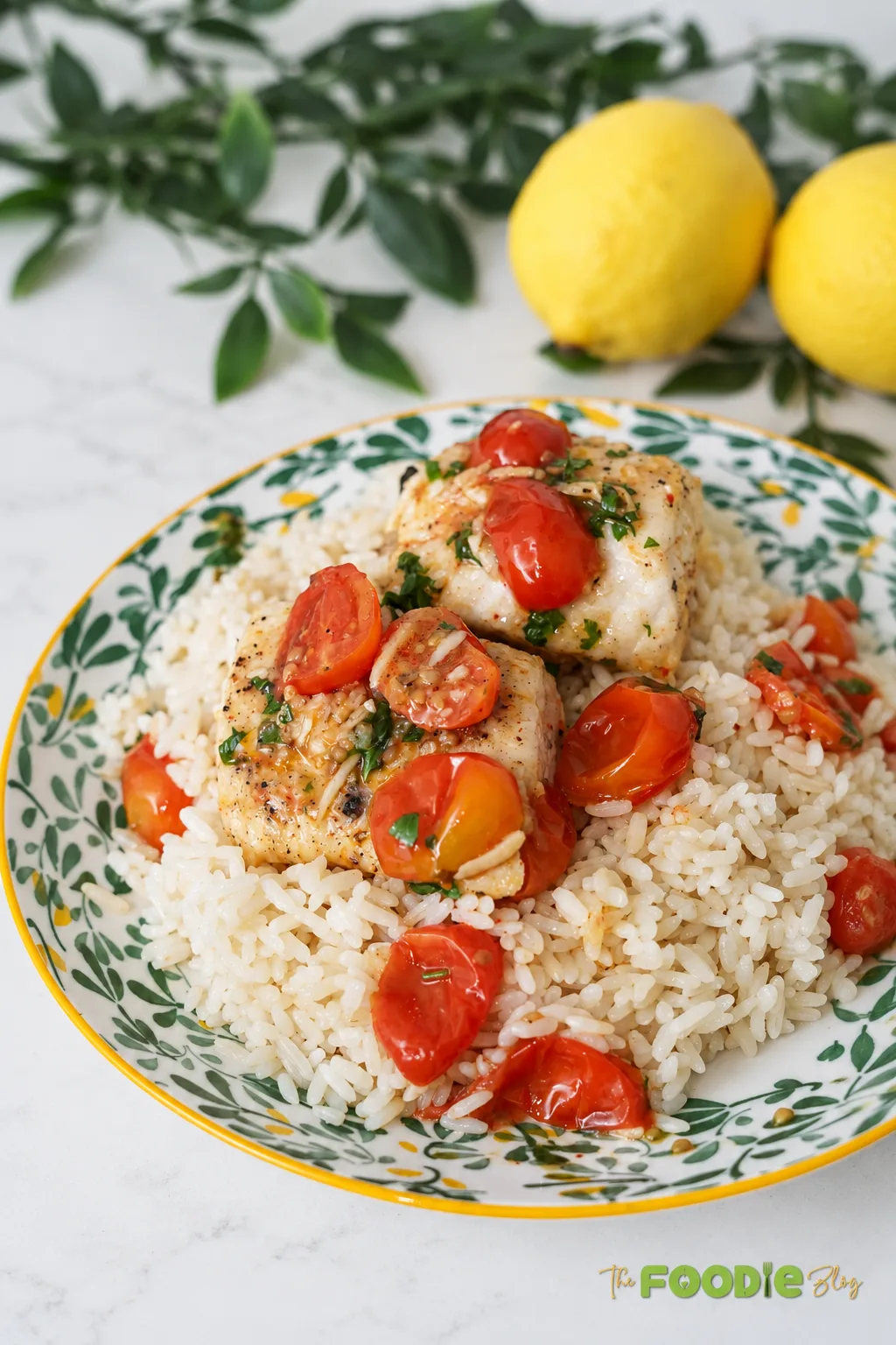 Cod with tomato basil sauce served over white rice with cherry tomatoes and fresh herbs.