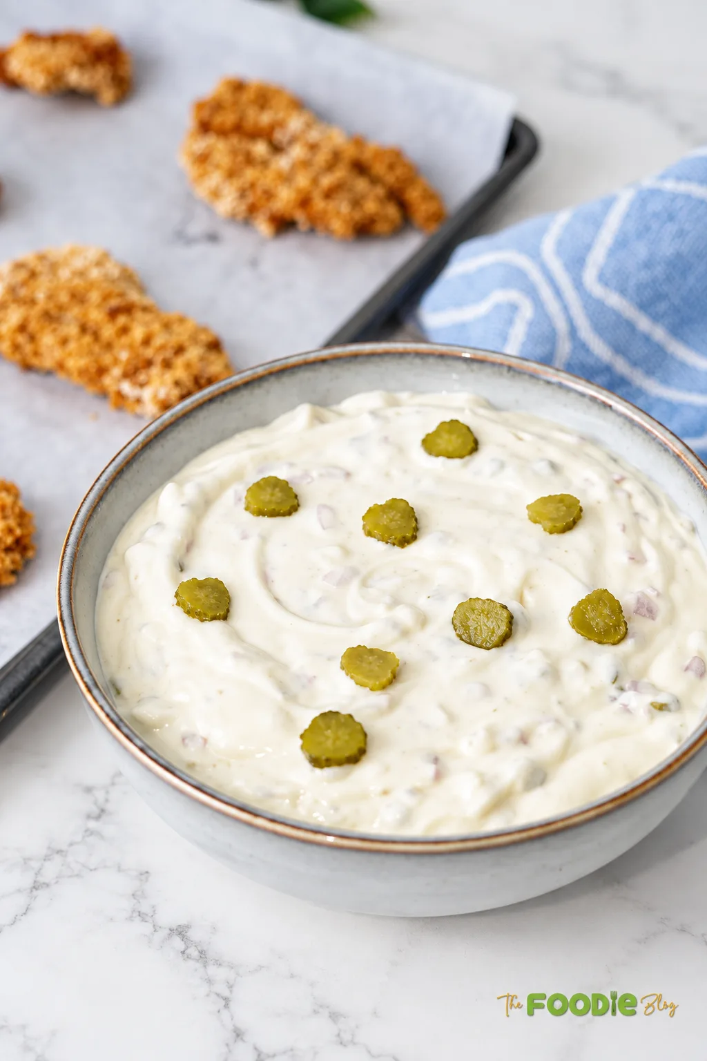 Easy tartar sauce made with mayonnaise, dill pickles, onion, and pickle juice served with crispy fish