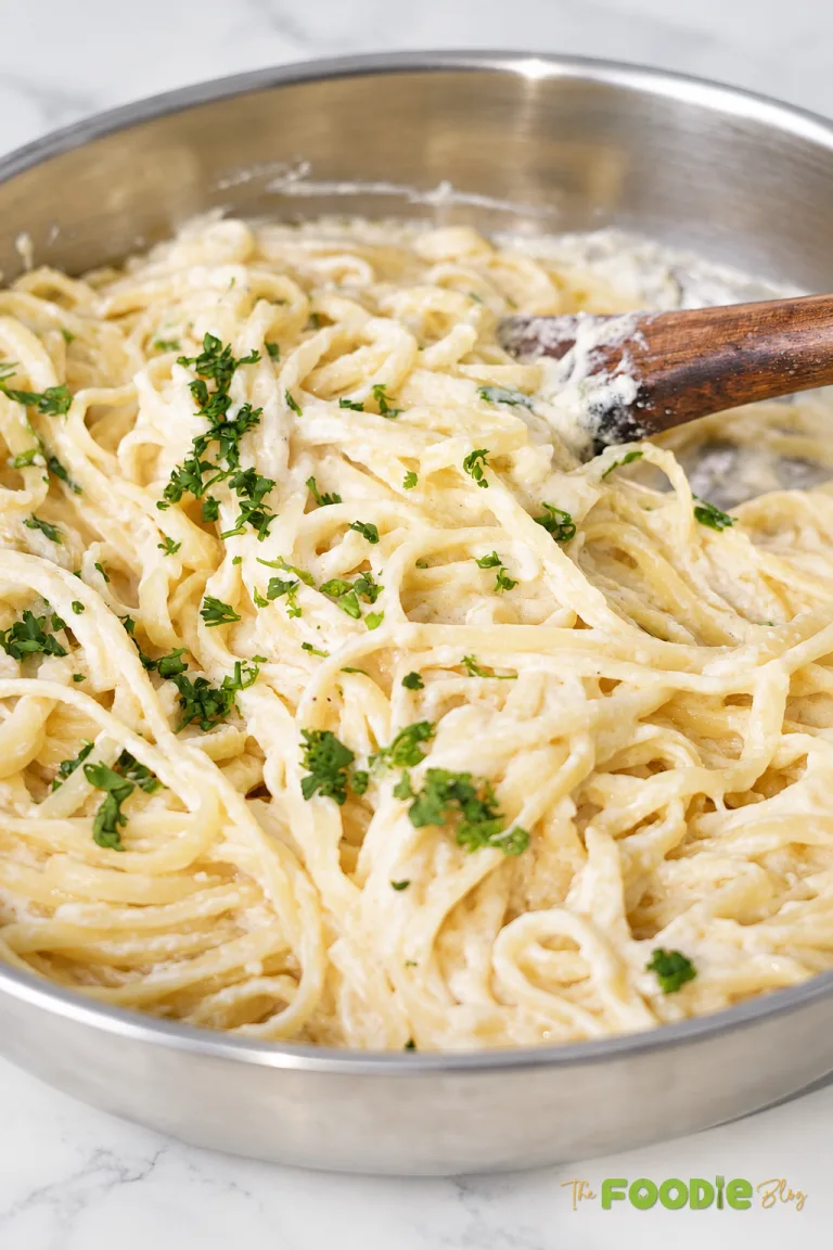 Creamy fettuccine Alfredo pasta in a skillet with Parmesan sauce, parsley, and a wooden spoon.