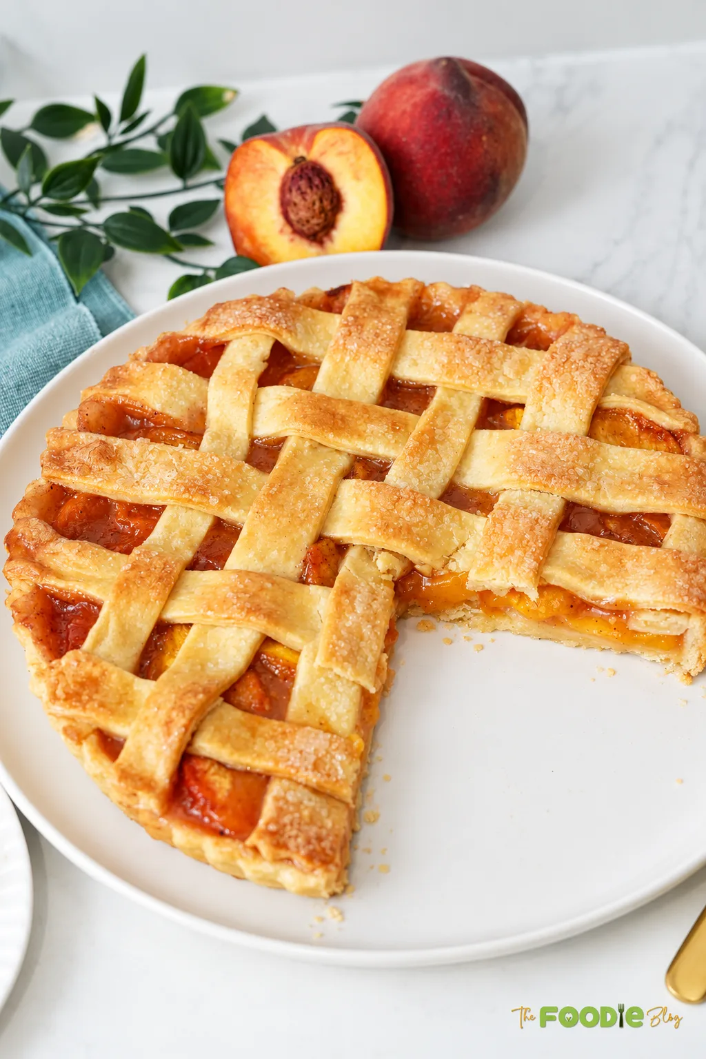 Fresh peach pie with a golden lattice crust and juicy peach filling served on a white plate.