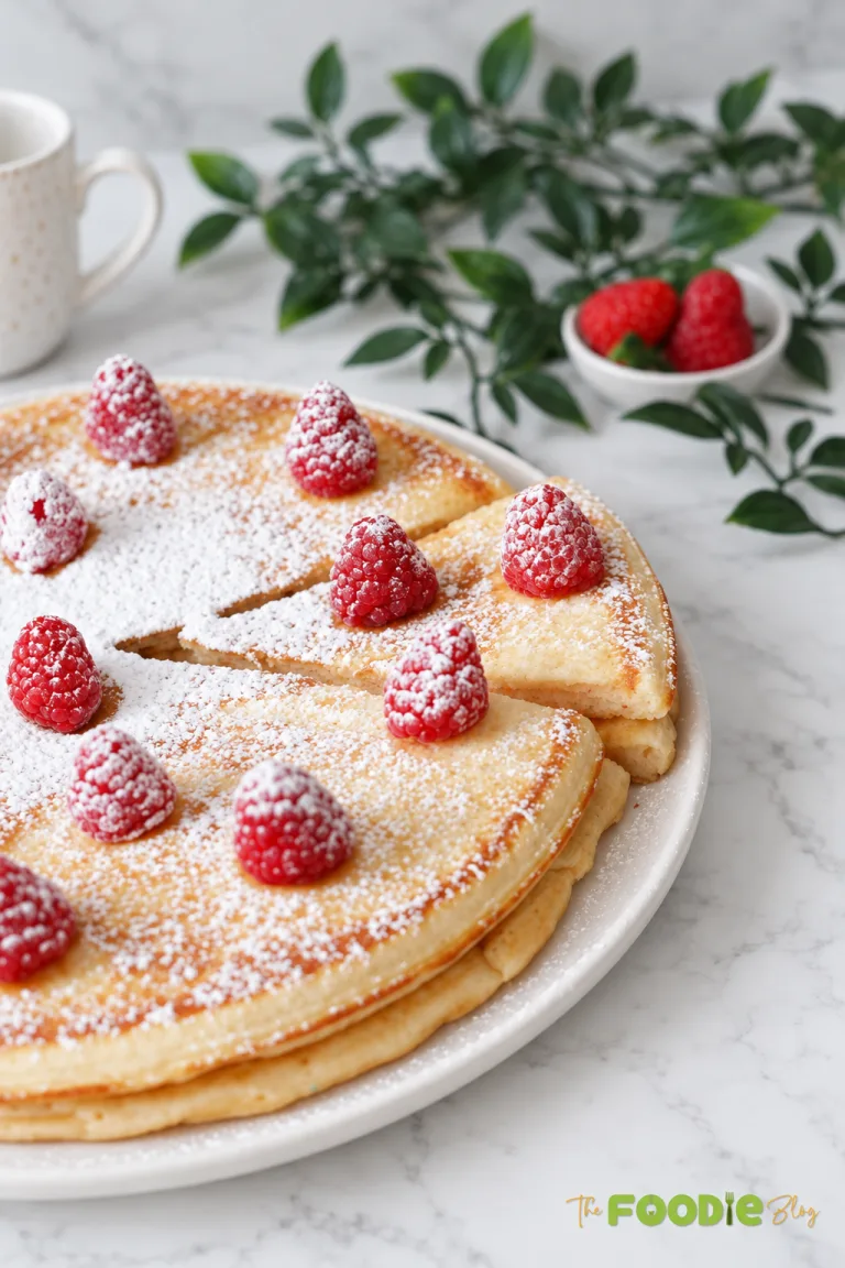 Giant pancakes topped with fresh raspberries and powdered sugar served on a large plate.