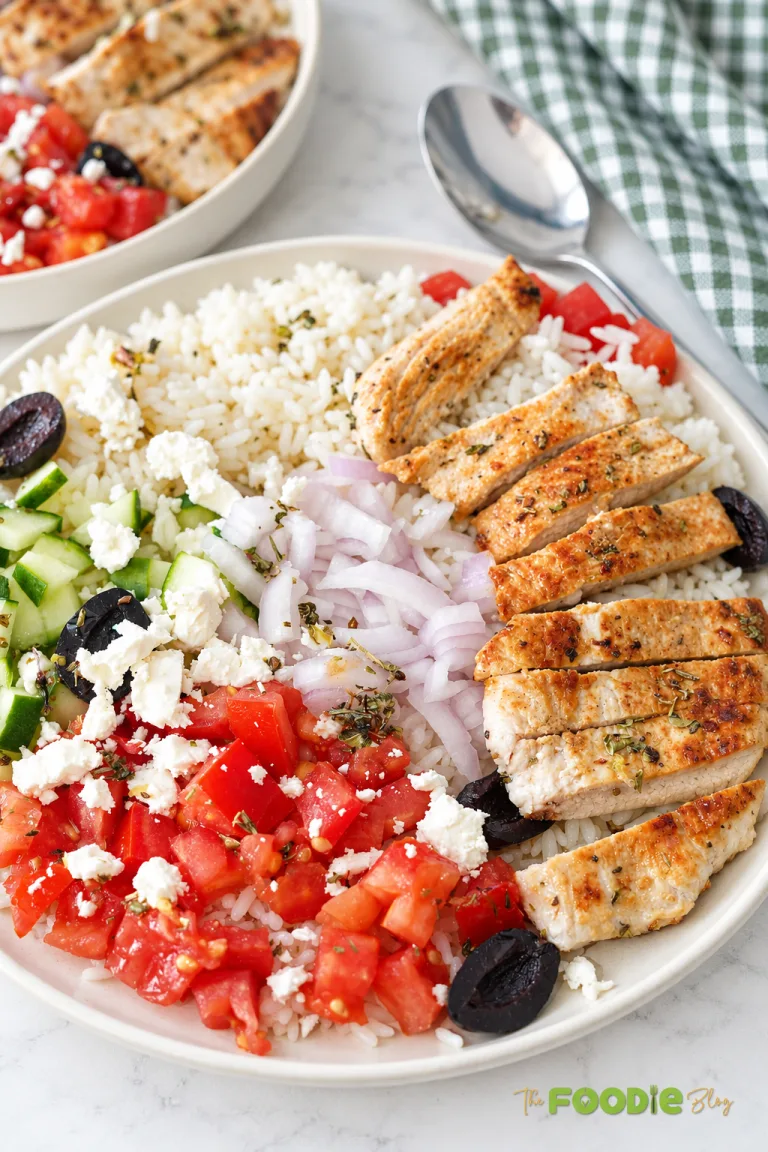 Greek chicken rice bowl with grilled chicken, rice, tomatoes, cucumber, red onion, feta cheese, and black olives.