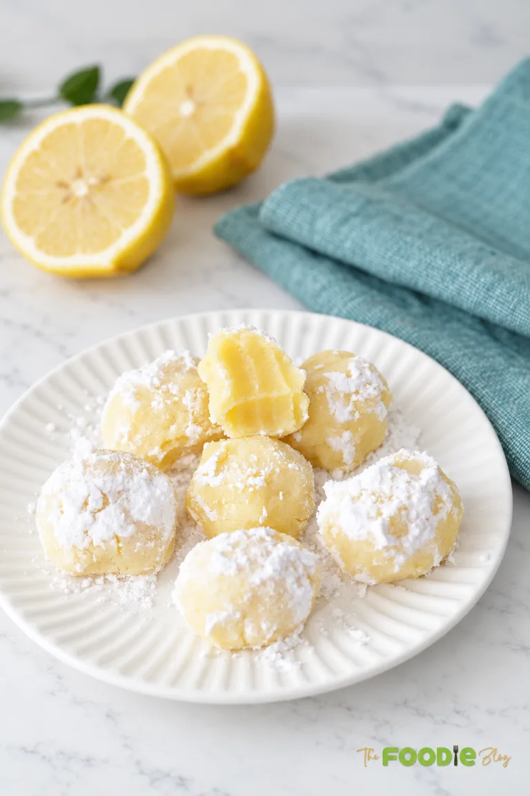 Lemon truffles with white chocolate and powdered sugar served on a white plate