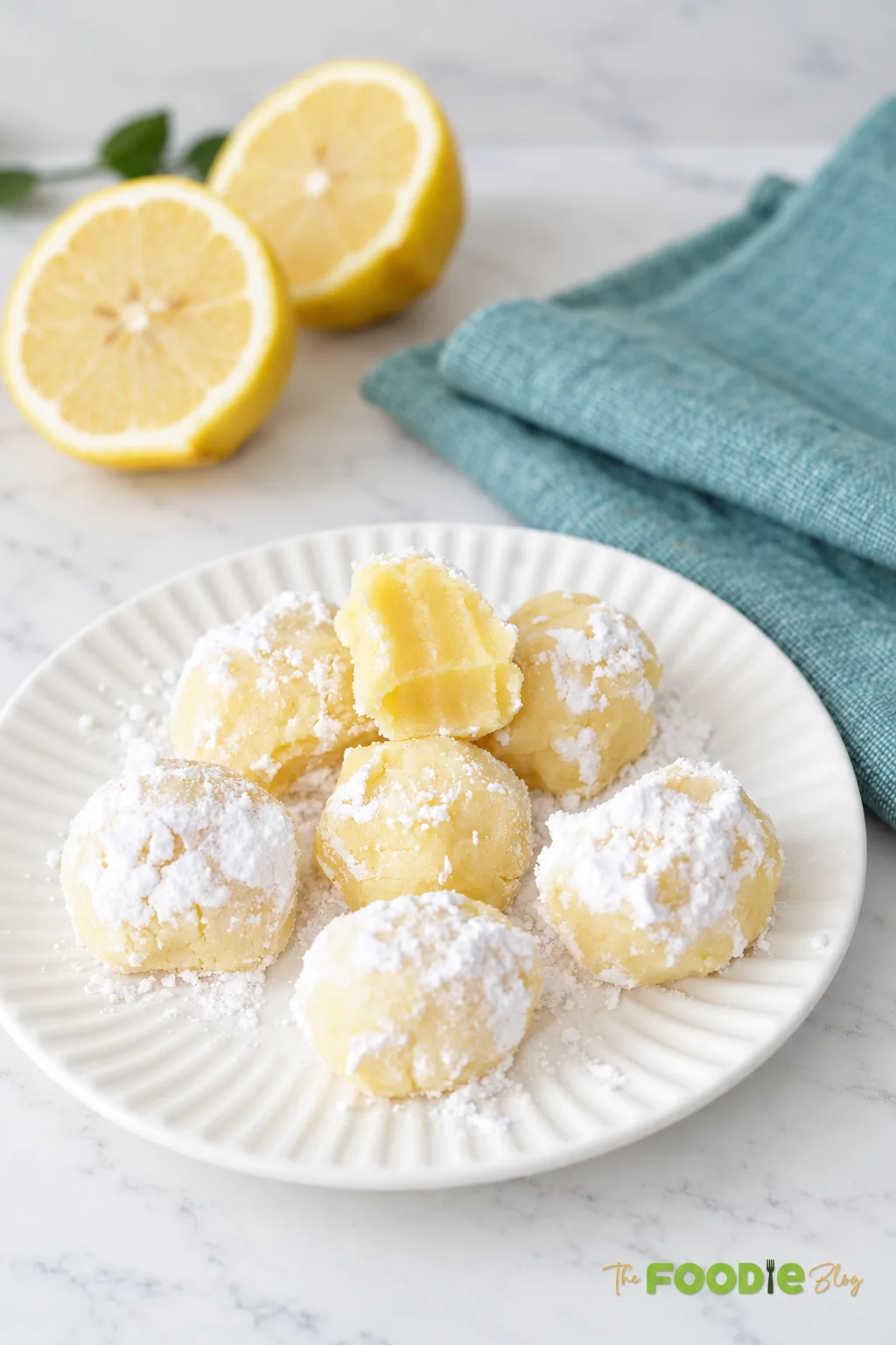 Lemon truffles with white chocolate and powdered sugar served on a white plate