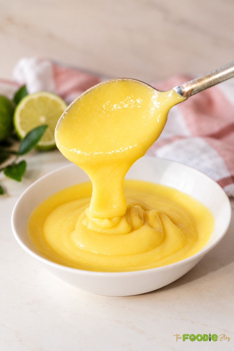 Homemade lime curd dripping from a spoon into a bowl with fresh limes in the background.