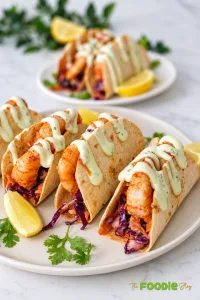 Mexican shrimp tacos with red cabbage slaw, carrots, avocado, cilantro, lime, and creamy cilantro lime sauce.