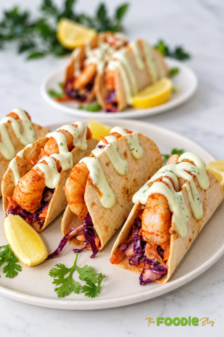 Mexican shrimp tacos with red cabbage slaw, carrots, avocado, cilantro, lime, and creamy cilantro lime sauce.