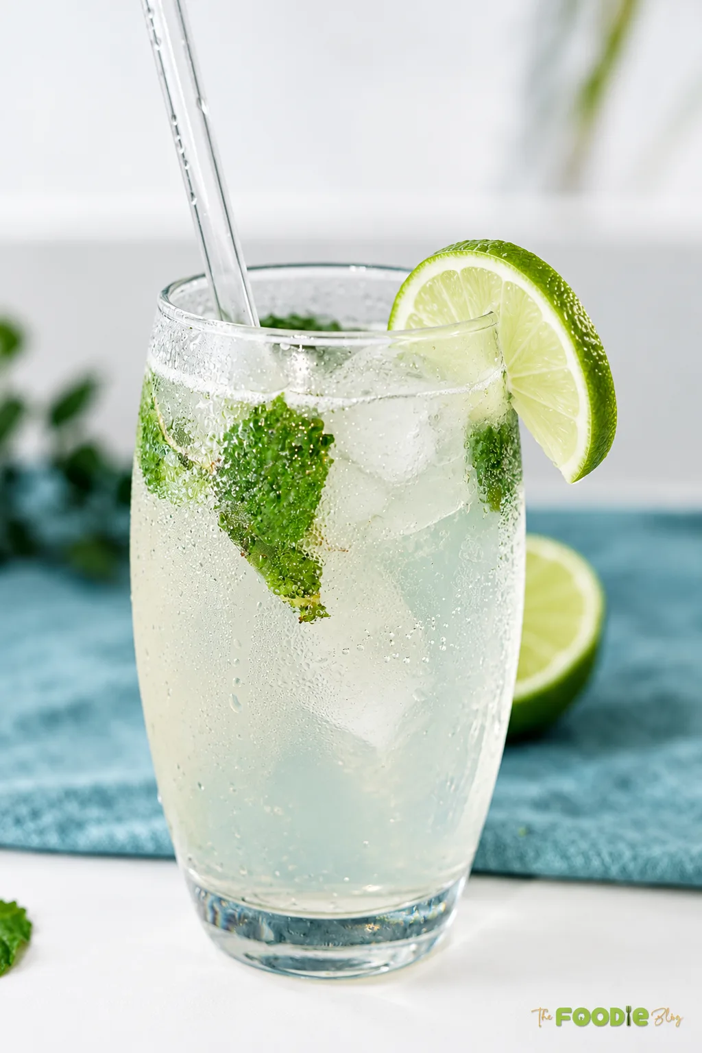 Classic mojito cocktail with fresh mint leaves, lime slices, ice, and soda water in a chilled glass.