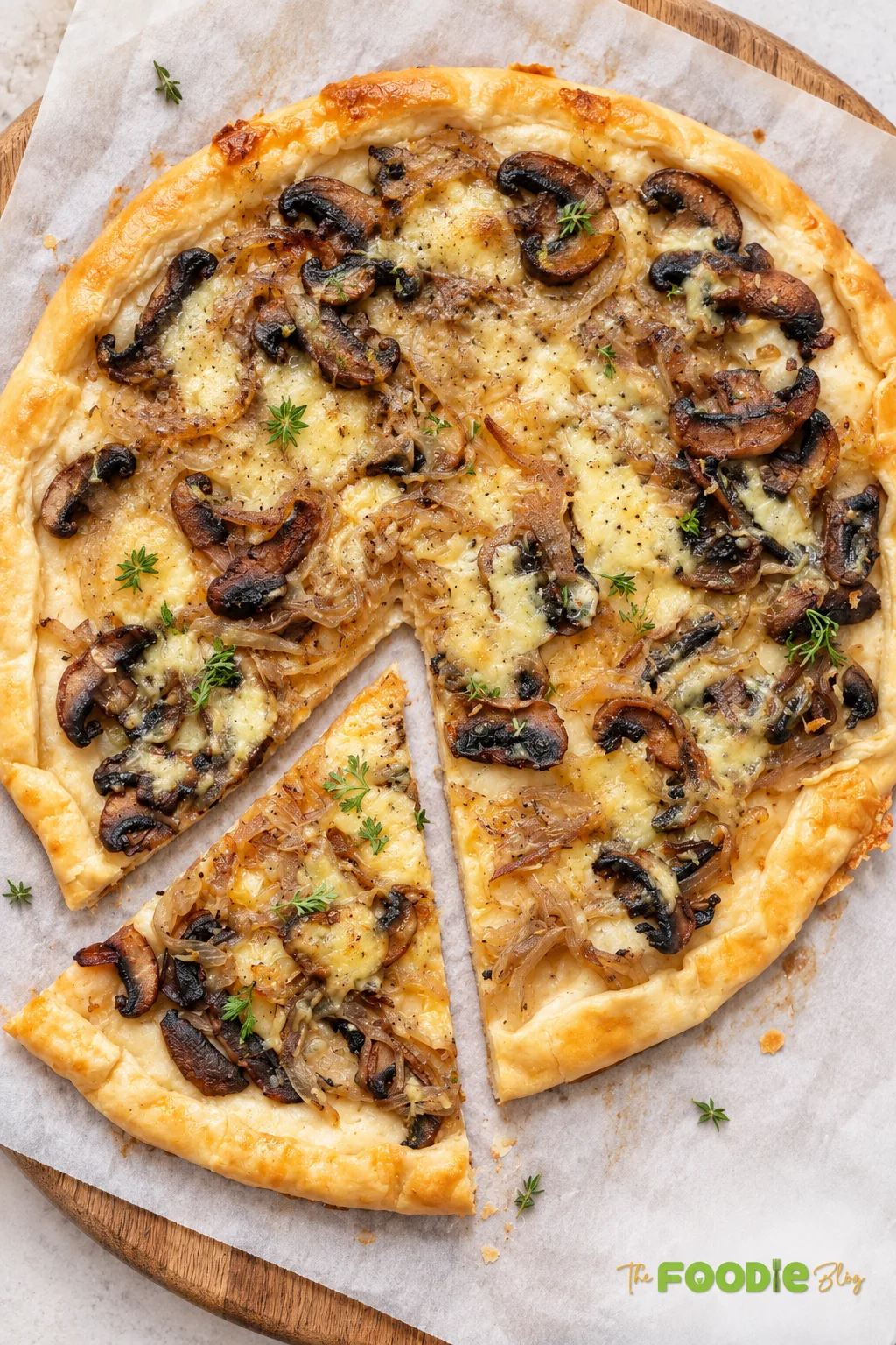 Mushroom tart with puff pastry, caramelized onions, Gruyere cheese, and fresh thyme sliced and ready to serve.