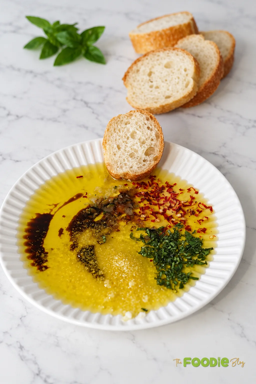 Olive oil bread dip with balsamic vinegar, garlic, basil, red pepper flakes, and Parmesan served with crusty bread.
