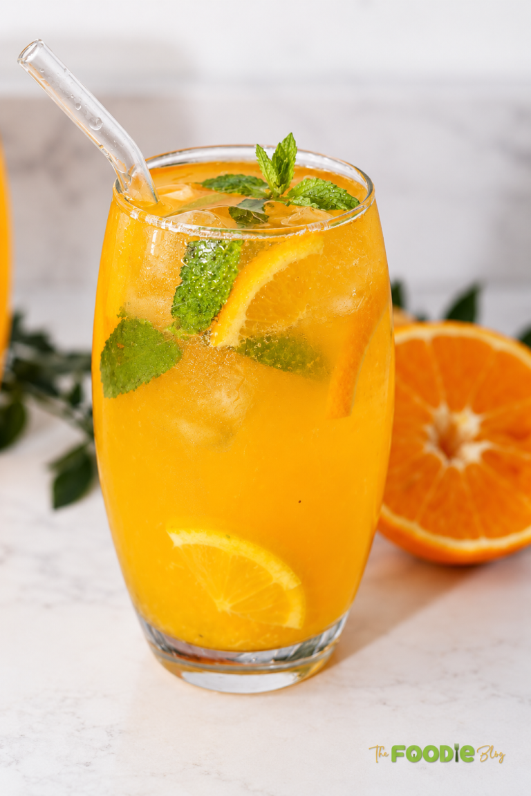 Two glasses of orange mojito with orange slices, mint leaves, ice, vodka, and soda water.