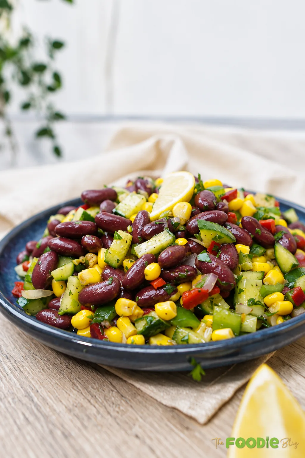 Fresh red bean salad with kidney beans, corn, cucumber, bell peppers, onion, parsley, and lemon dressing.