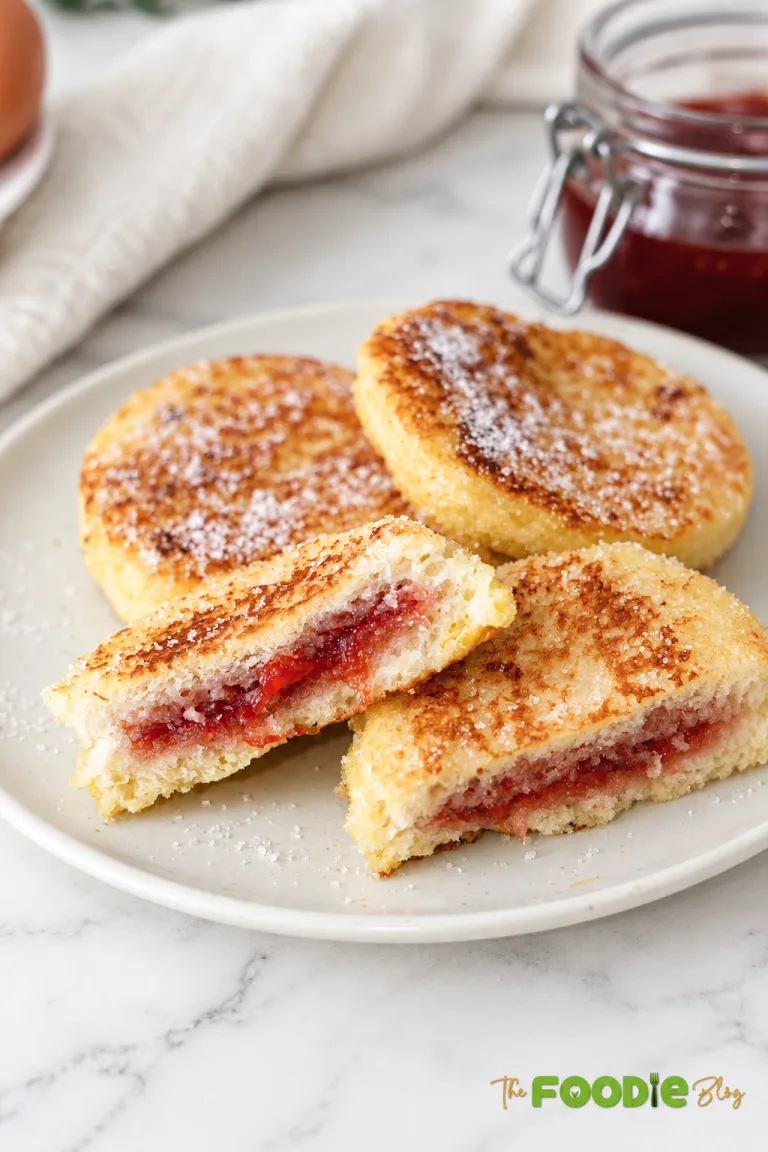 Strawberry jam stuffed French toast cut open to show the sweet jam filling and golden sugar-coated bread.