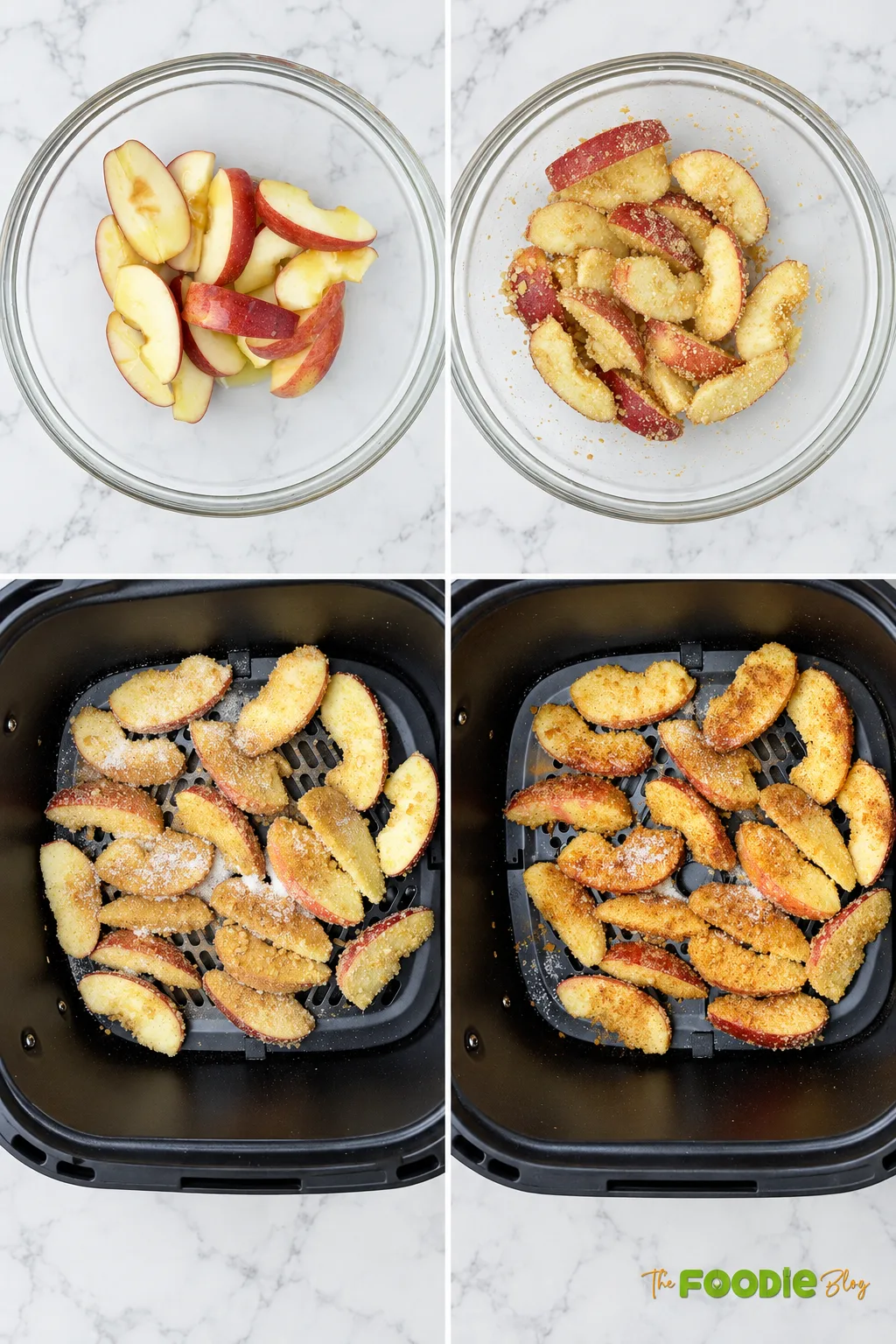 Step-by-step photos showing apple slices coated with cinnamon crumbs and cooked in an air fryer.