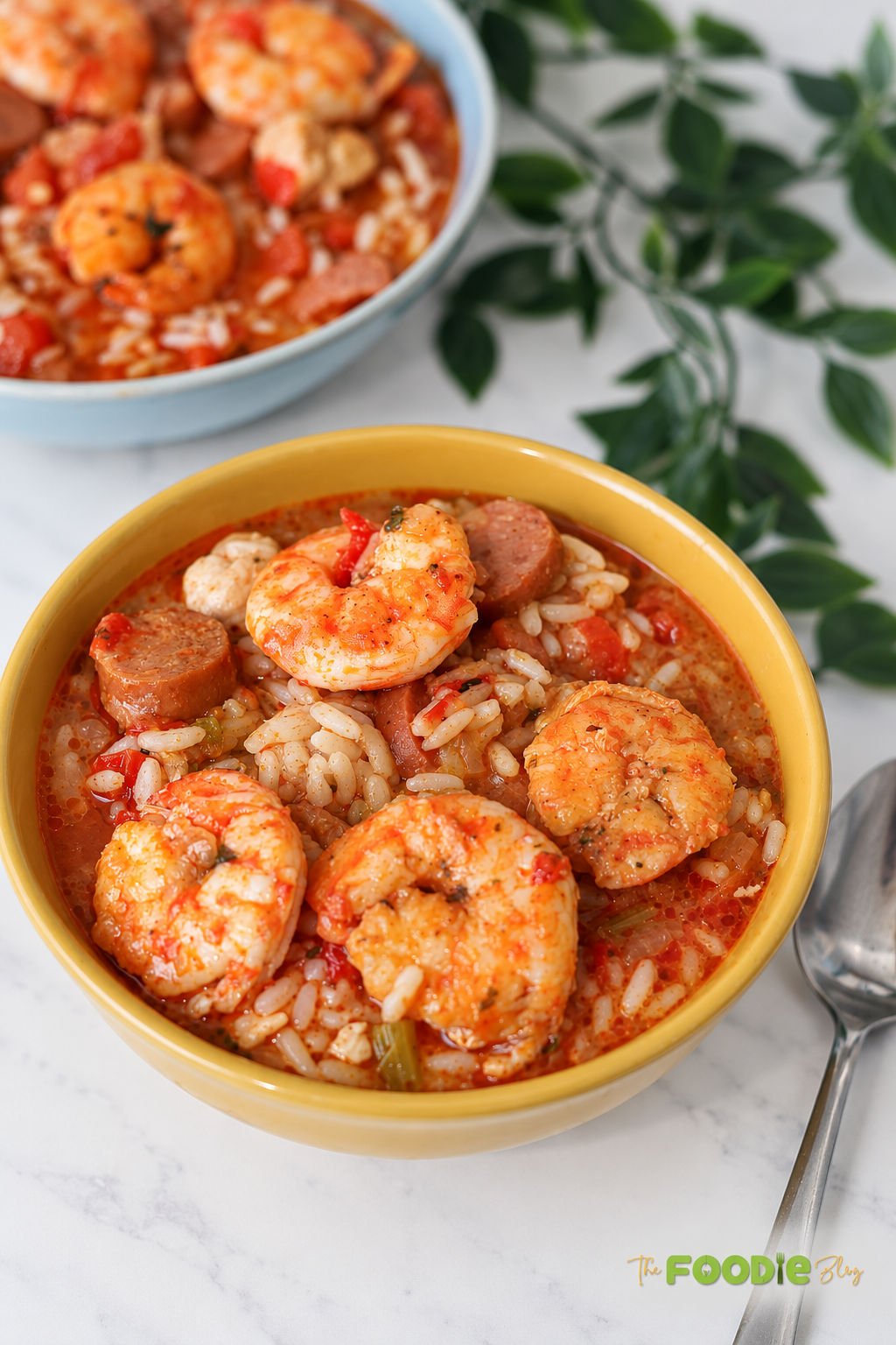Close-up of chicken and shrimp jambalaya with sausage, rice, tomatoes, and tender shrimp.