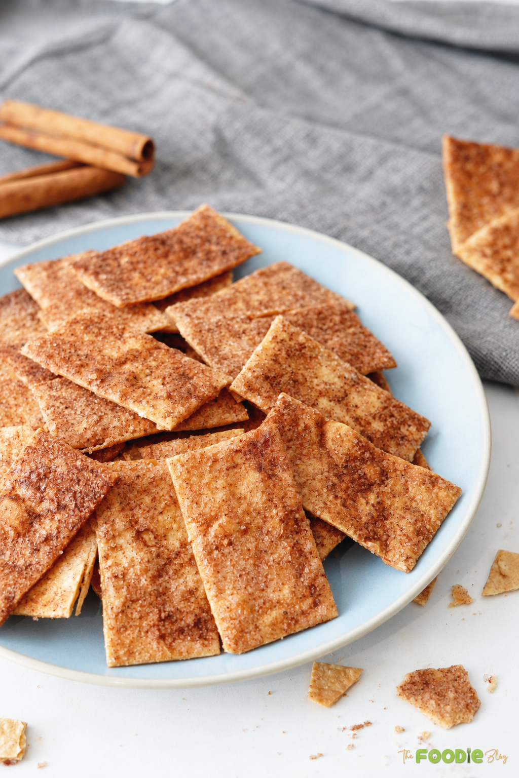 Golden baked tortilla chips coated with cinnamon sugar and served on a blue plate.