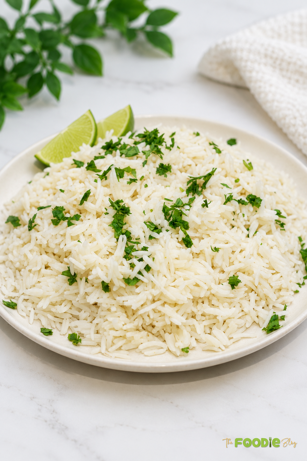 Fluffy coconut lime rice garnished with fresh cilantro and served with lime wedges.