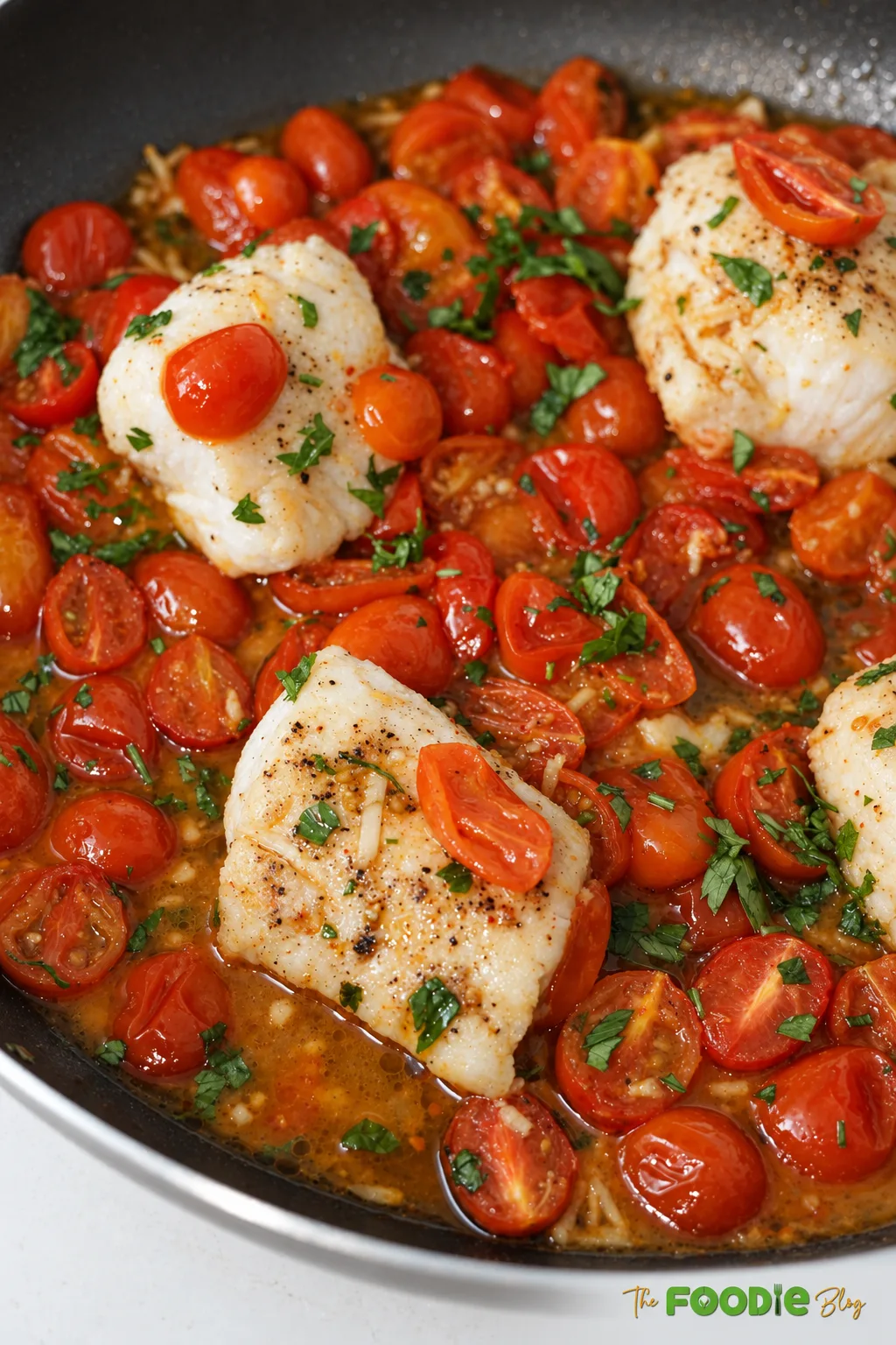 Cod fillets cooking in cherry tomato basil sauce with garlic, fresh herbs, and white wine.