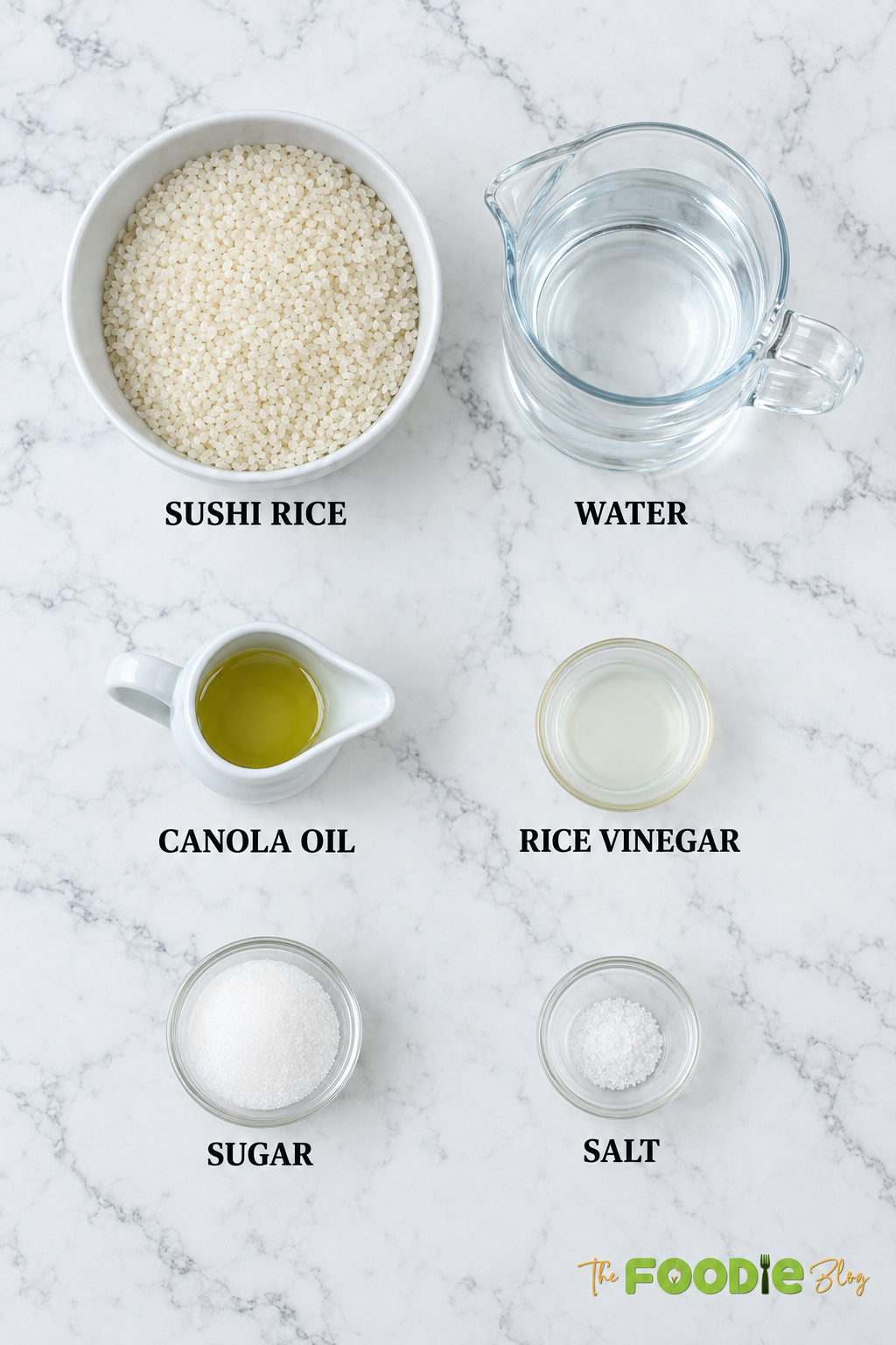 Ingredients for crispy rice including sushi rice, water, canola oil, rice vinegar, sugar, and salt.