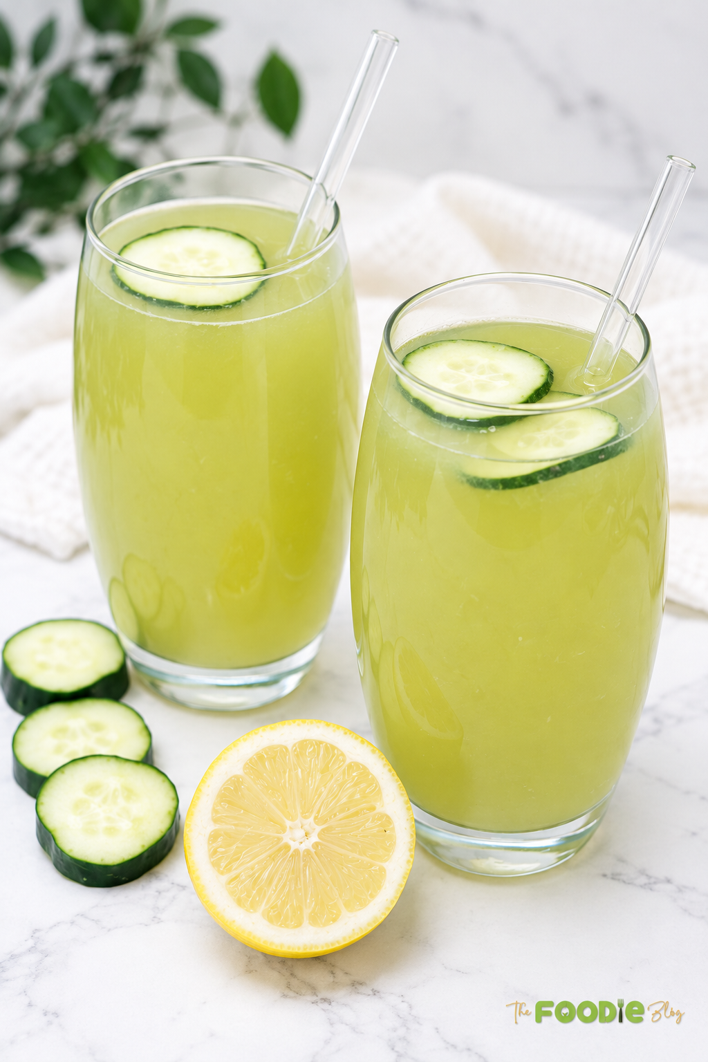 Two glasses of fresh cucumber lemonade with cucumber slices and lemon on a marble surface.