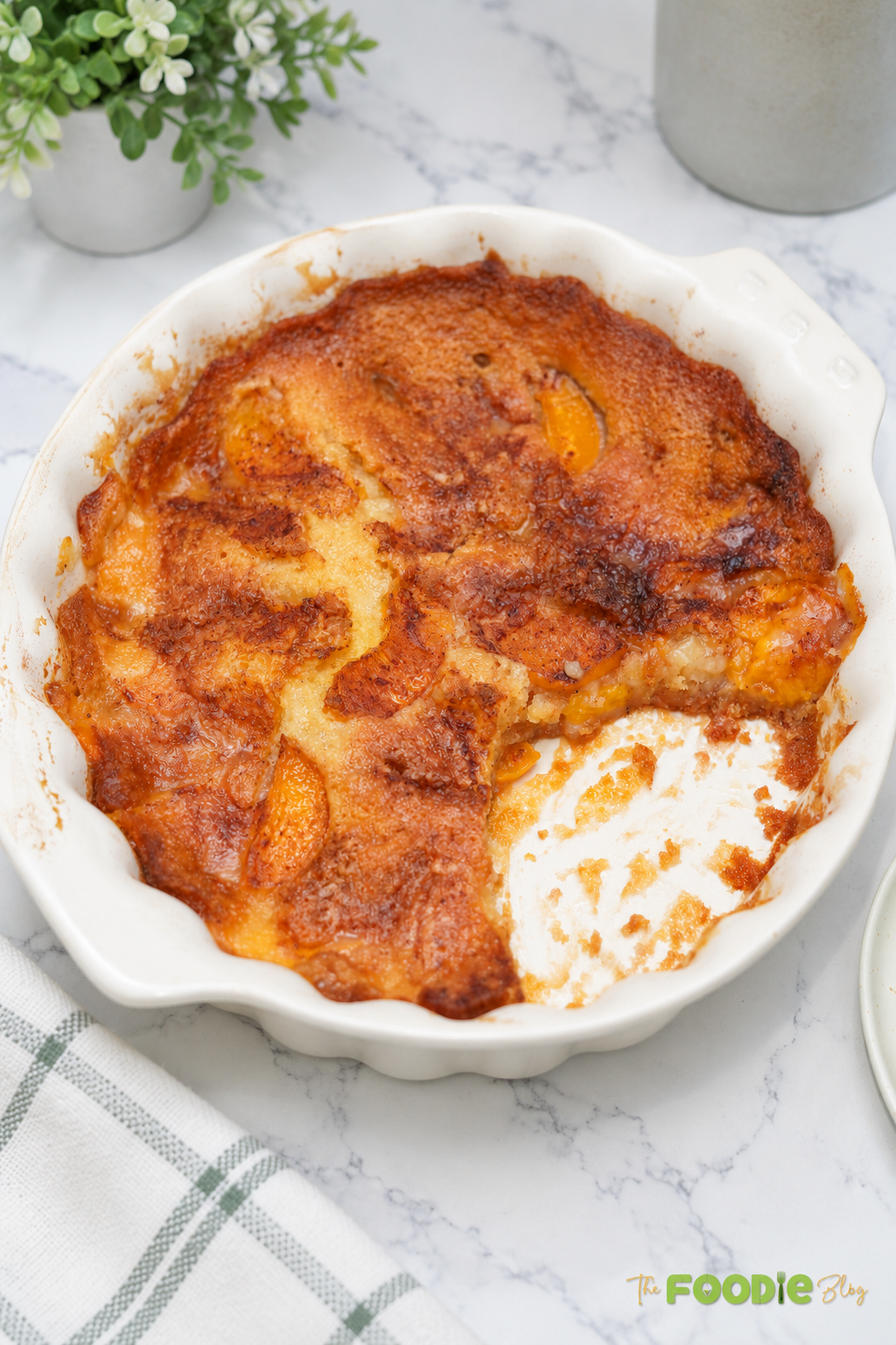 Freshly baked canned peach cobbler in a white baking dish with a golden brown top.