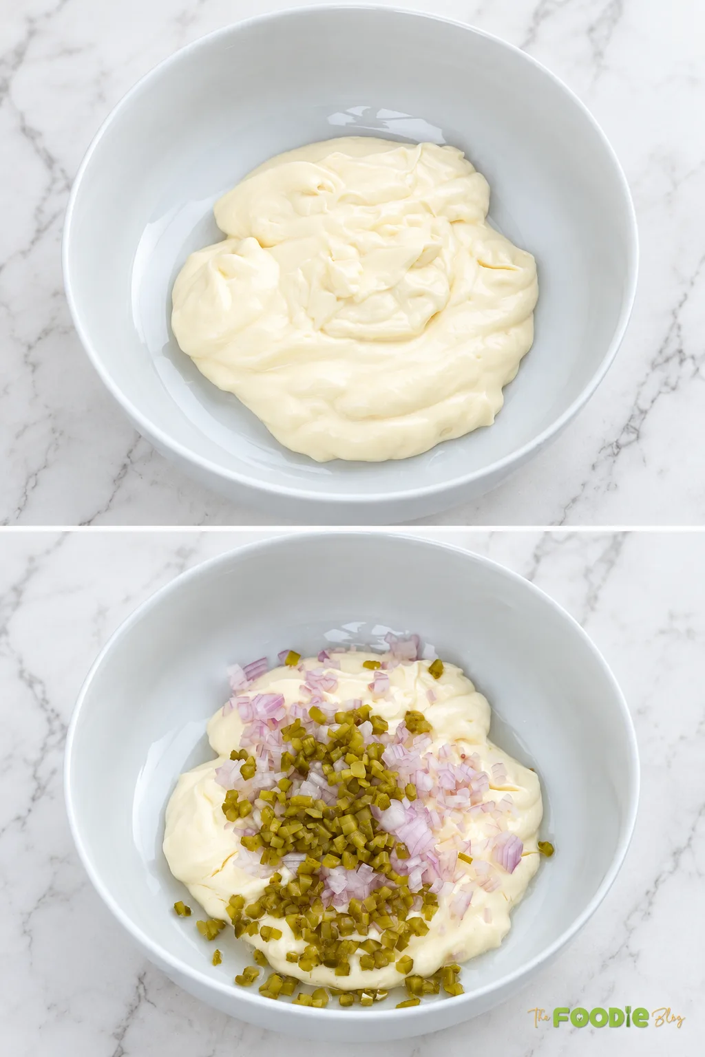 Step-by-step photos showing mayonnaise mixed with chopped dill pickles and onion to make tartar sauce