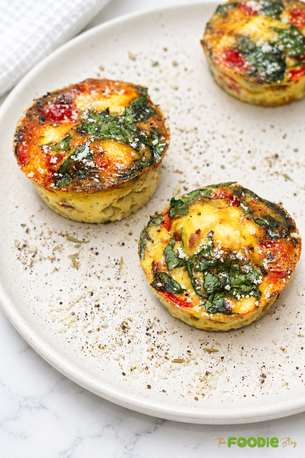 Healthy egg muffins with spinach, tomatoes, peppers, and feta served on a plate.